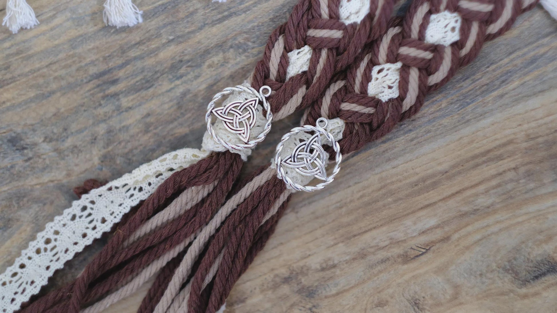 Custom Braided Handfasting Cord: Brown and Beige Rope with Vintage Lace Accents – Customizable Colors