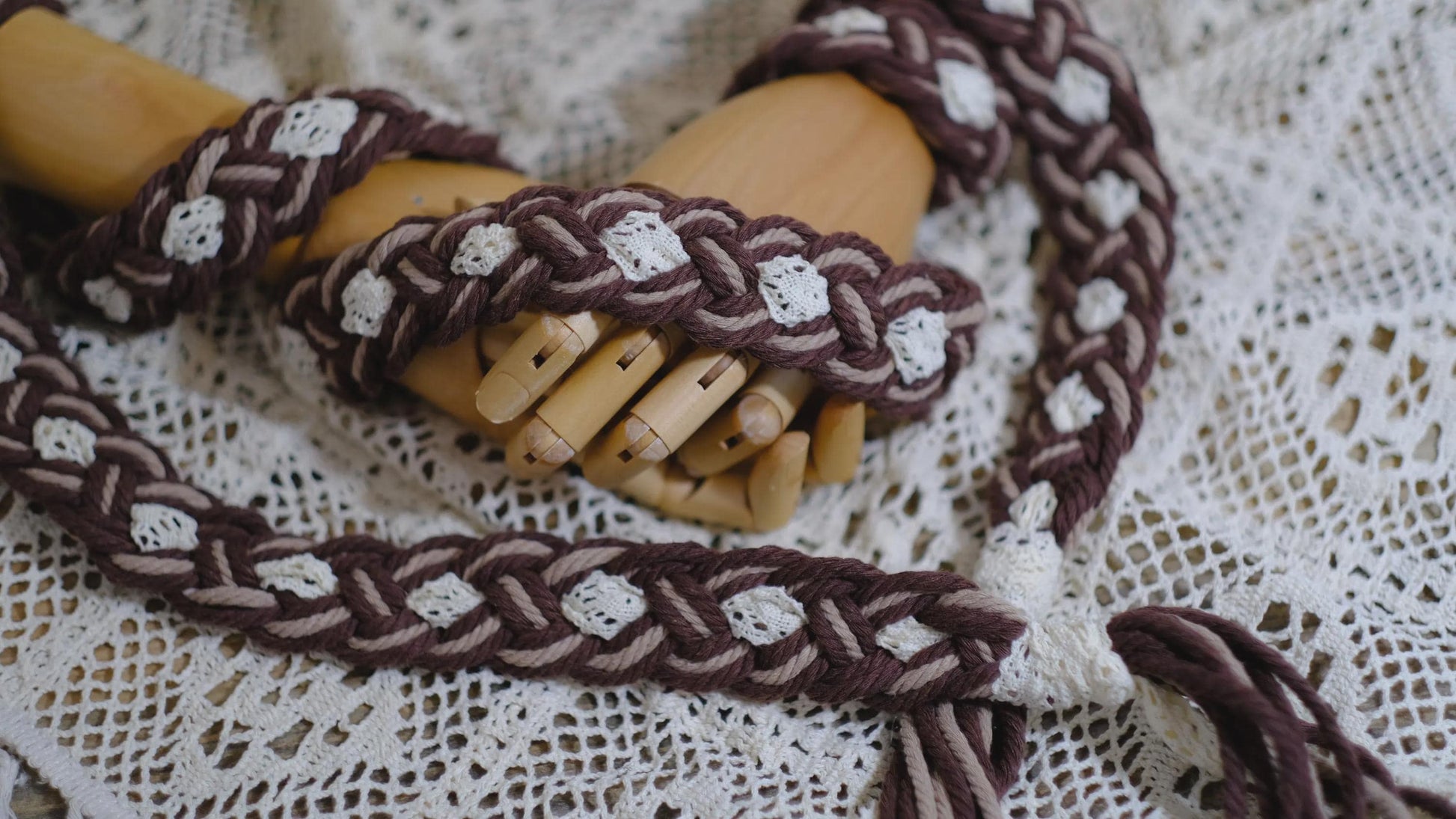 Custom Braided Handfasting Cord: Brown and Beige Rope with Vintage Lace Accents – Customizable Colors