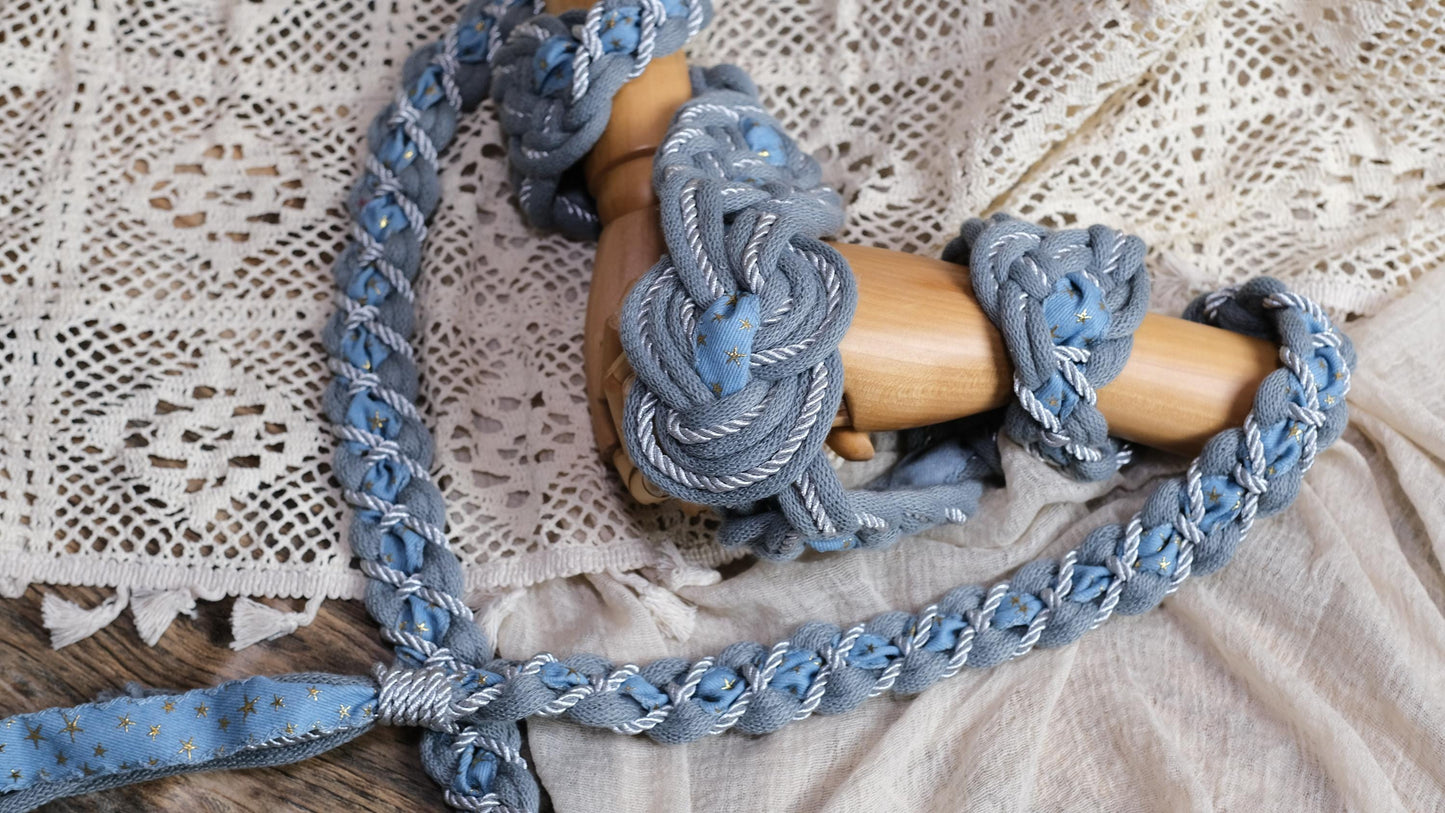 Custom Braided Handfasting Cord: Denim Star Ribbon, Silver & Misty Blue– Customizable Colors