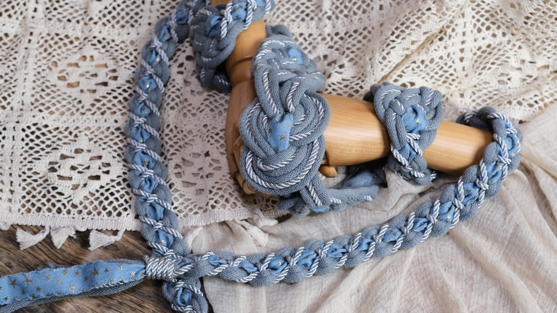 Custom Braided Handfasting Cord: Denim Star Ribbon, Silver & Misty Blue– Customizable Colors