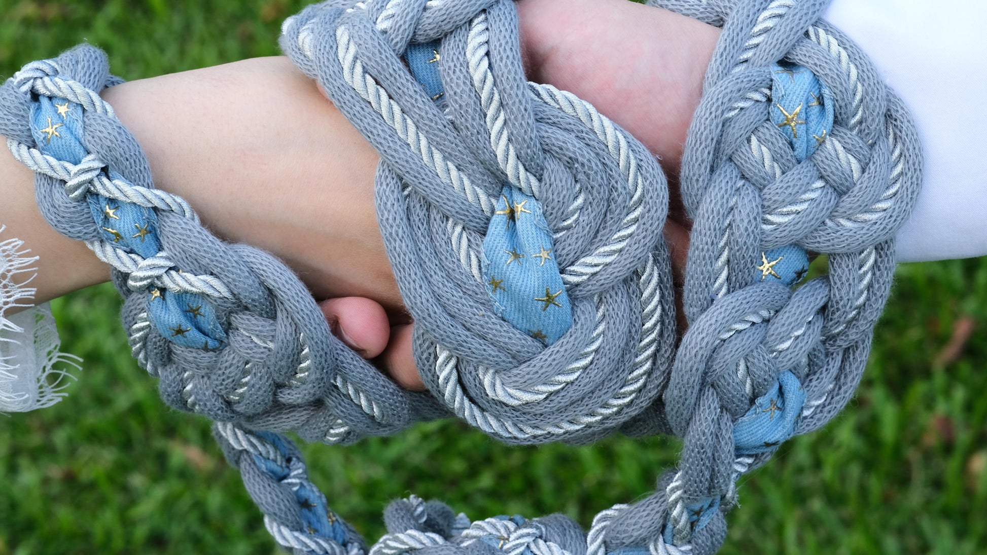 Custom Braided Handfasting Cord: Denim Star Ribbon, Silver & Misty Blue– Customizable Colors