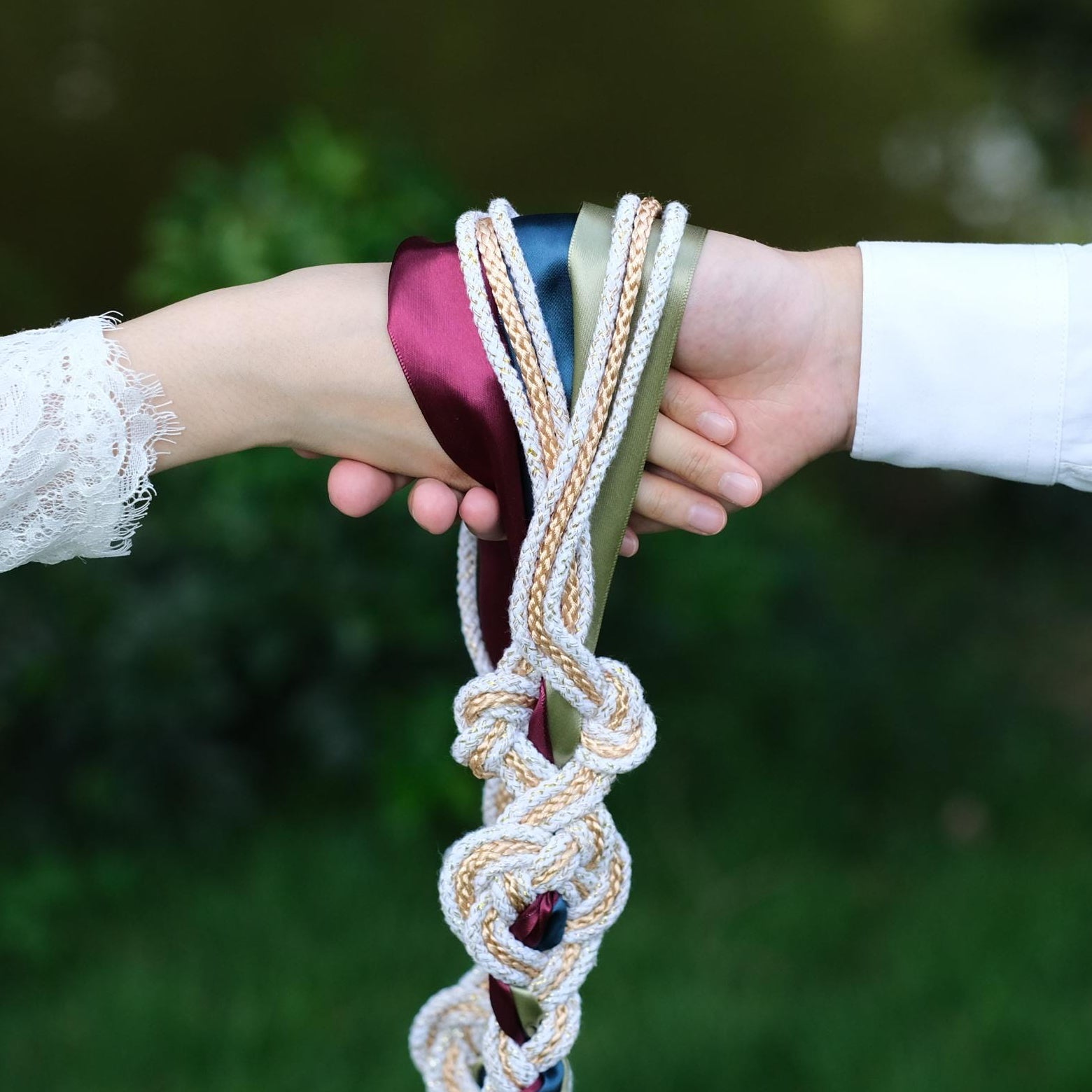Custom braided Handfasting Cord: Open-Center Celtic Love Knot, Three-Color Satin Ribbons – Customizable Colors
