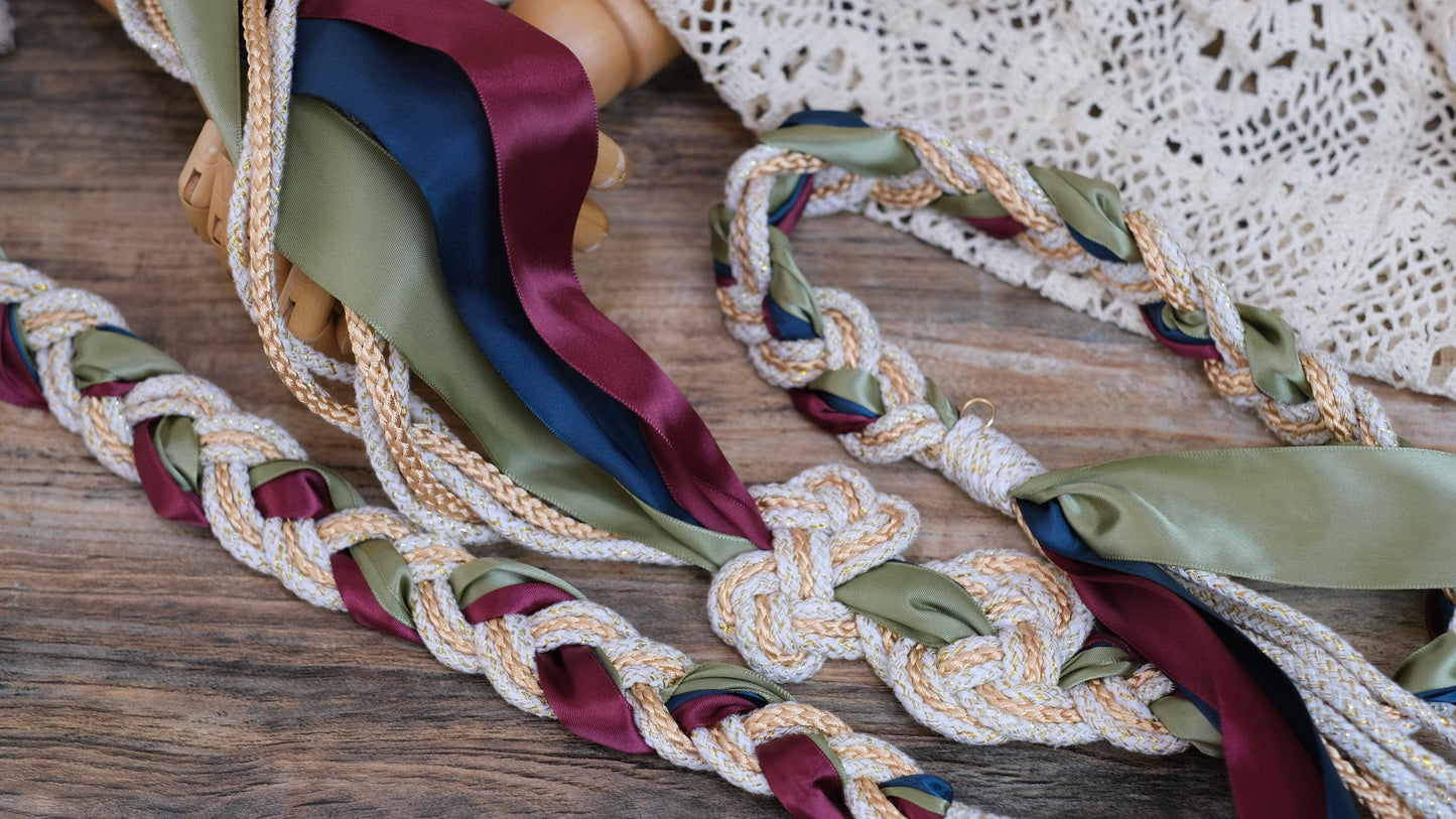 Custom braided Handfasting Cord: Open-Center Celtic Love Knot, Three-Color Satin Ribbons – Customizable Colors