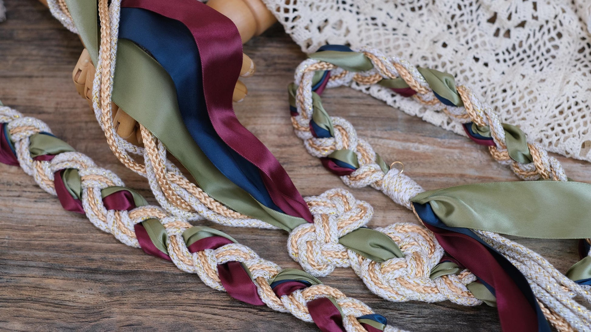 Custom braided Handfasting Cord: Open-Center Celtic Love Knot, Three-Color Satin Ribbons – Customizable Colors