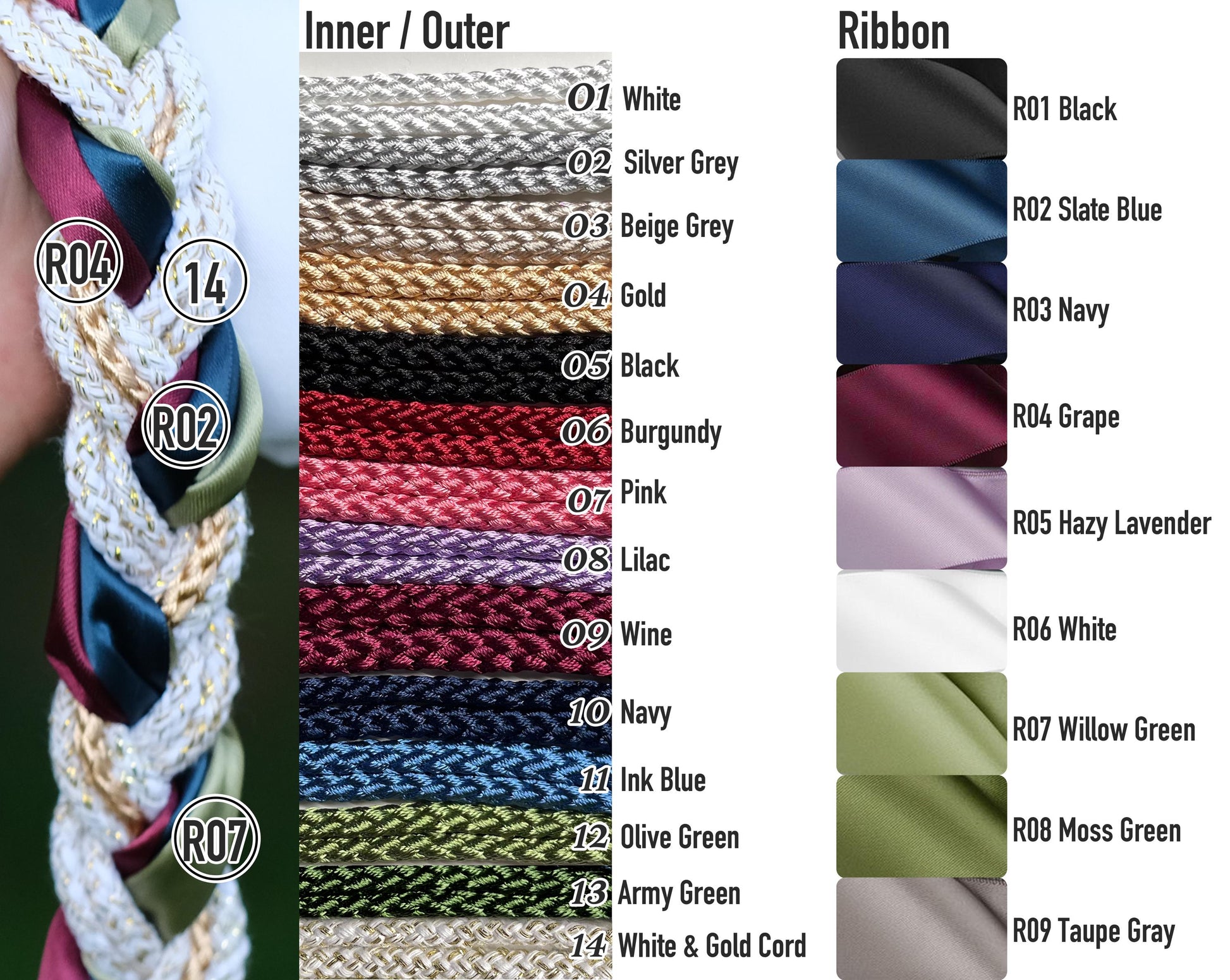 Custom braided Handfasting Cord: Open-Center Celtic Love Knot, Three-Color Satin Ribbons – Customizable Colors