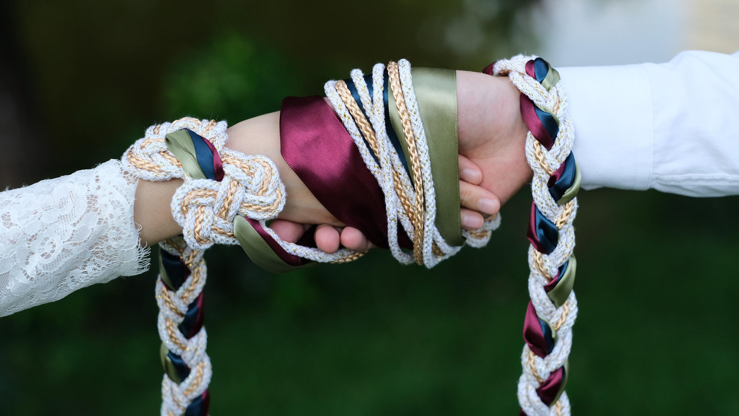 Custom braided Handfasting Cord: Open-Center Celtic Love Knot, Three-Color Satin Ribbons – Customizable Colors
