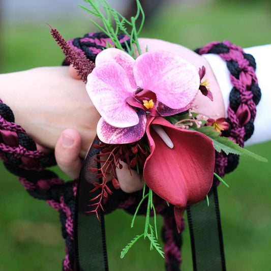 Custom Braided Handfasting Shimmer Cord: Black, Burgundy & Wine with Orchid, Celtic Knot – Customizable Colors