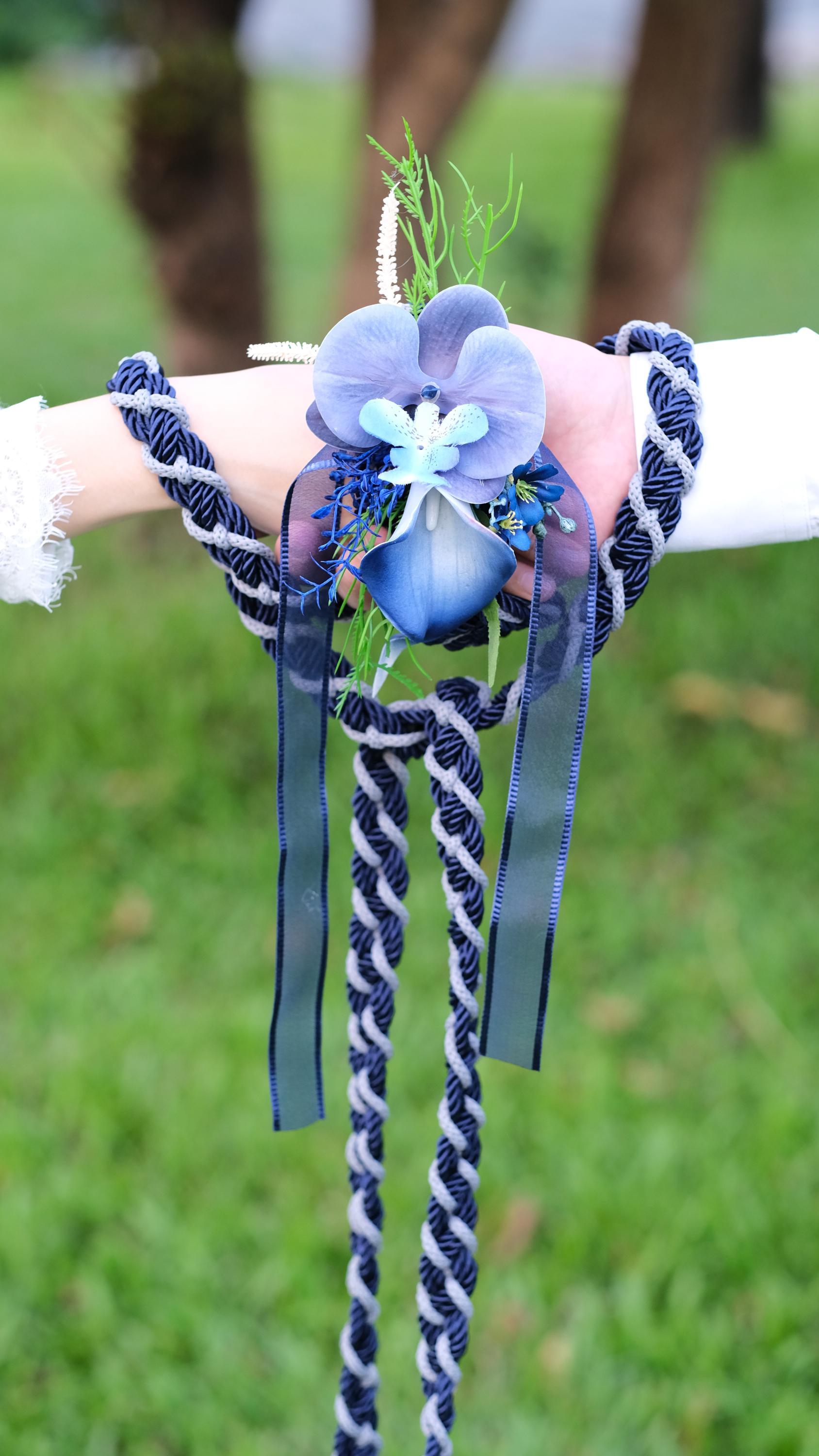 Custom Braided Handfasting Cord: Navy and Storm Grey with Orchid, Celtic Knot – Customizable Colors