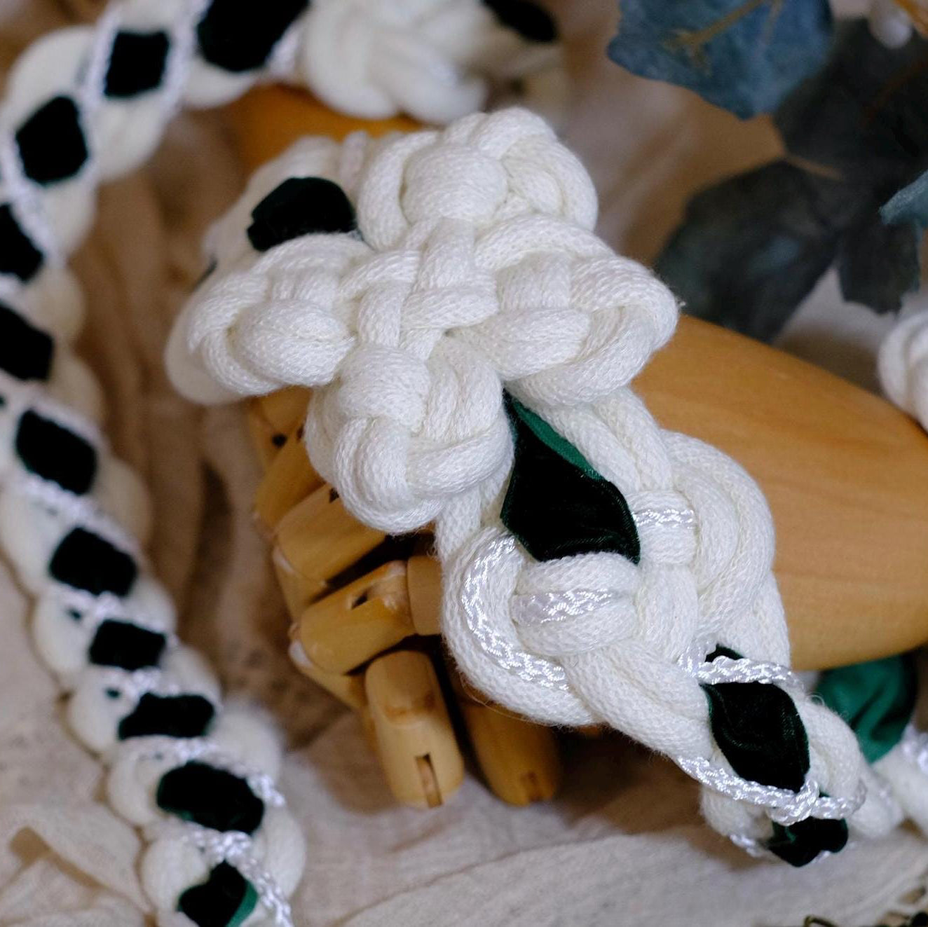 Custom braided Handfasting Cord: White Rope with Velvet Green Ribbon, Celtic Knot– Customizable Colors