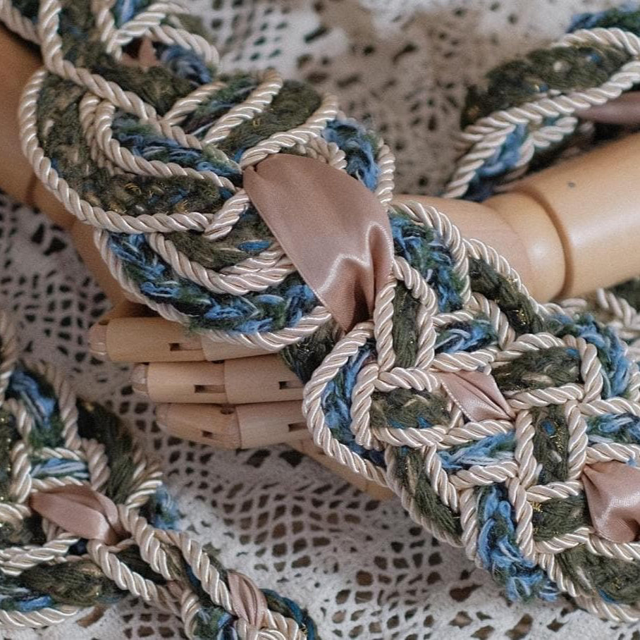 Custom braided Handfasting Cord: Green Blue Yarn & Light Gold Rope – Customizable Colors