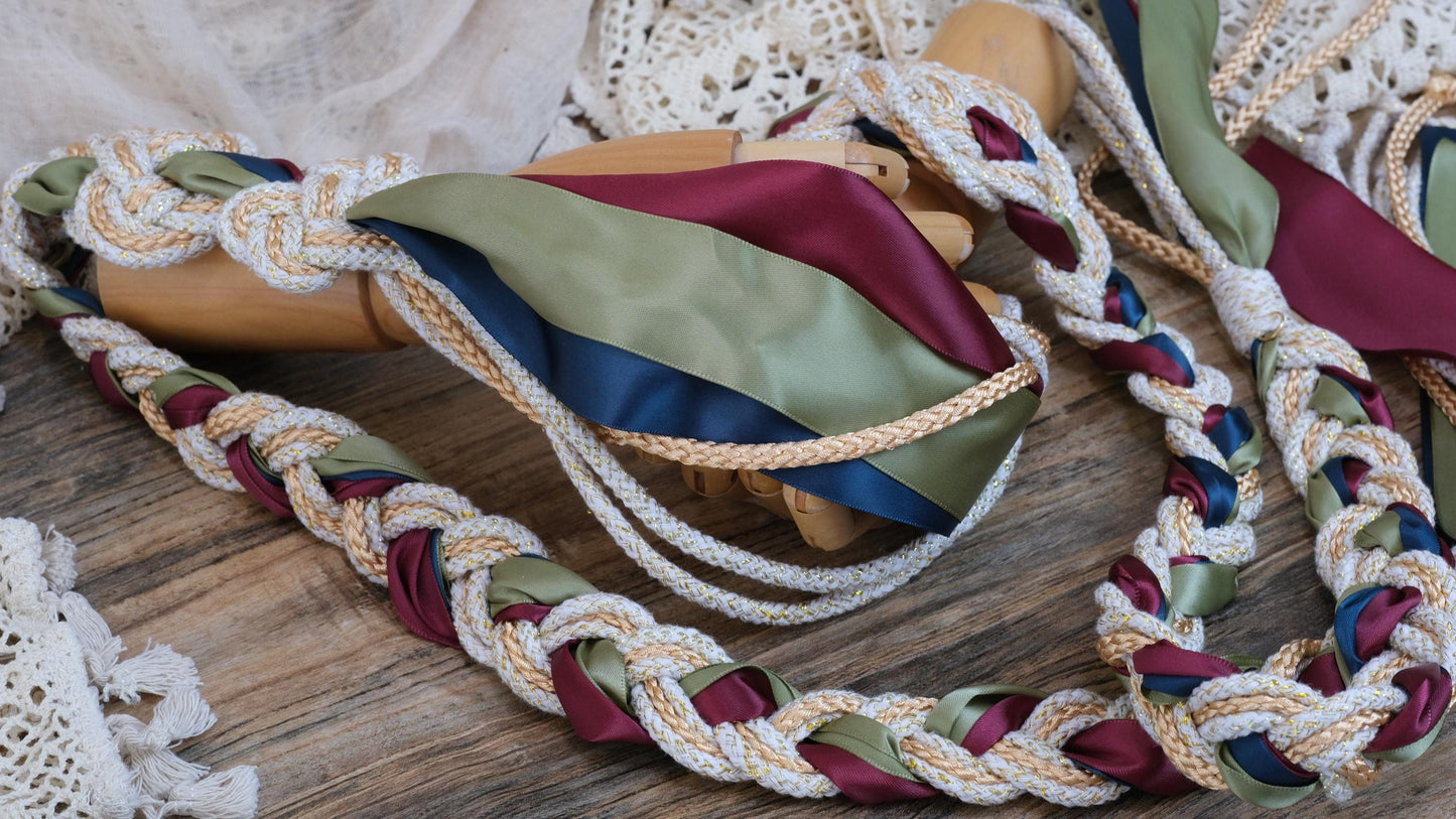 Custom braided Handfasting Cord: Open-Center Celtic Love Knot, Three-Color Satin Ribbons – Customizable Colors