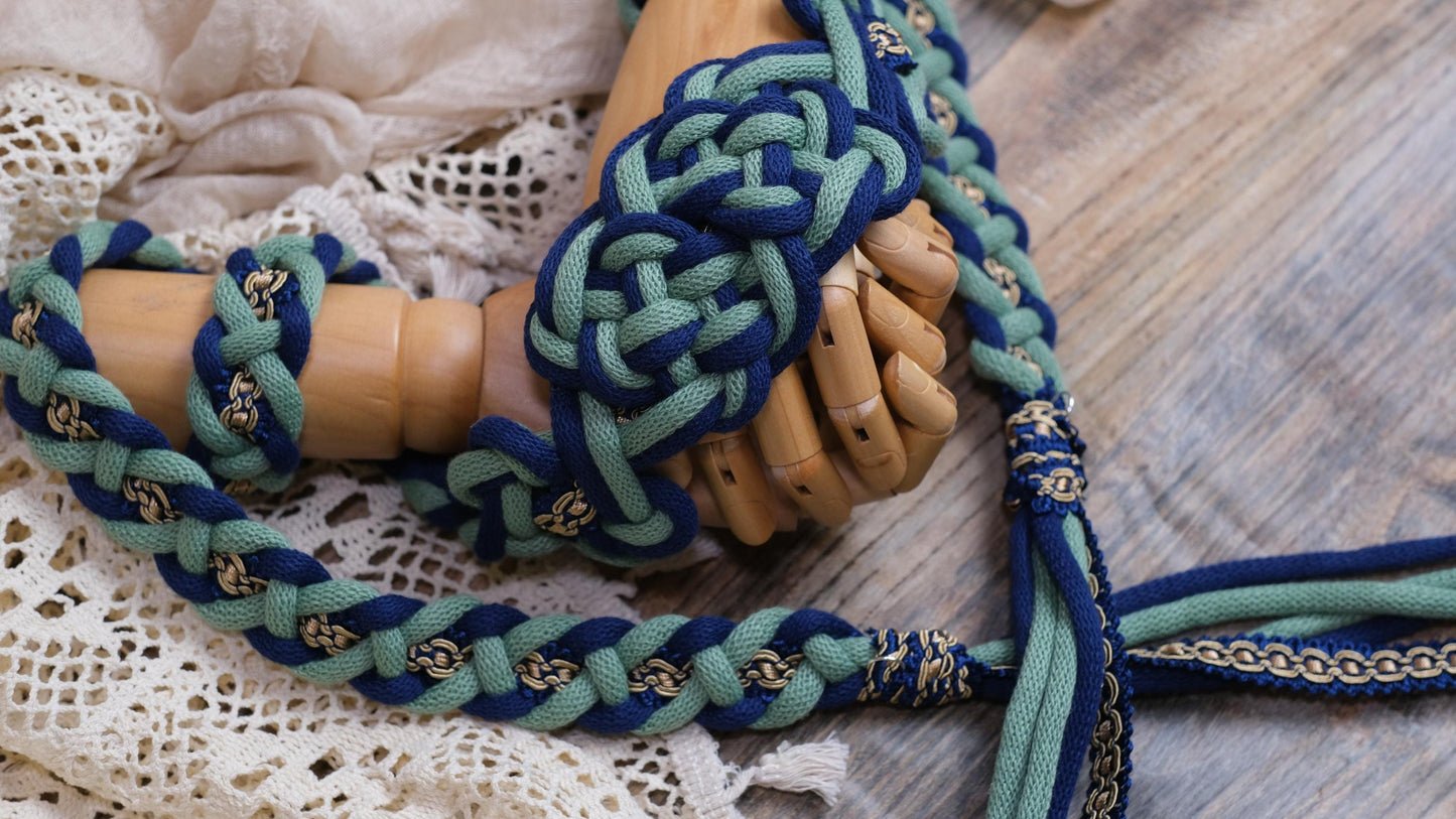 Pre-made Hand Braided Handfasting Cord: Green and Navy with Square Knots Center knot,