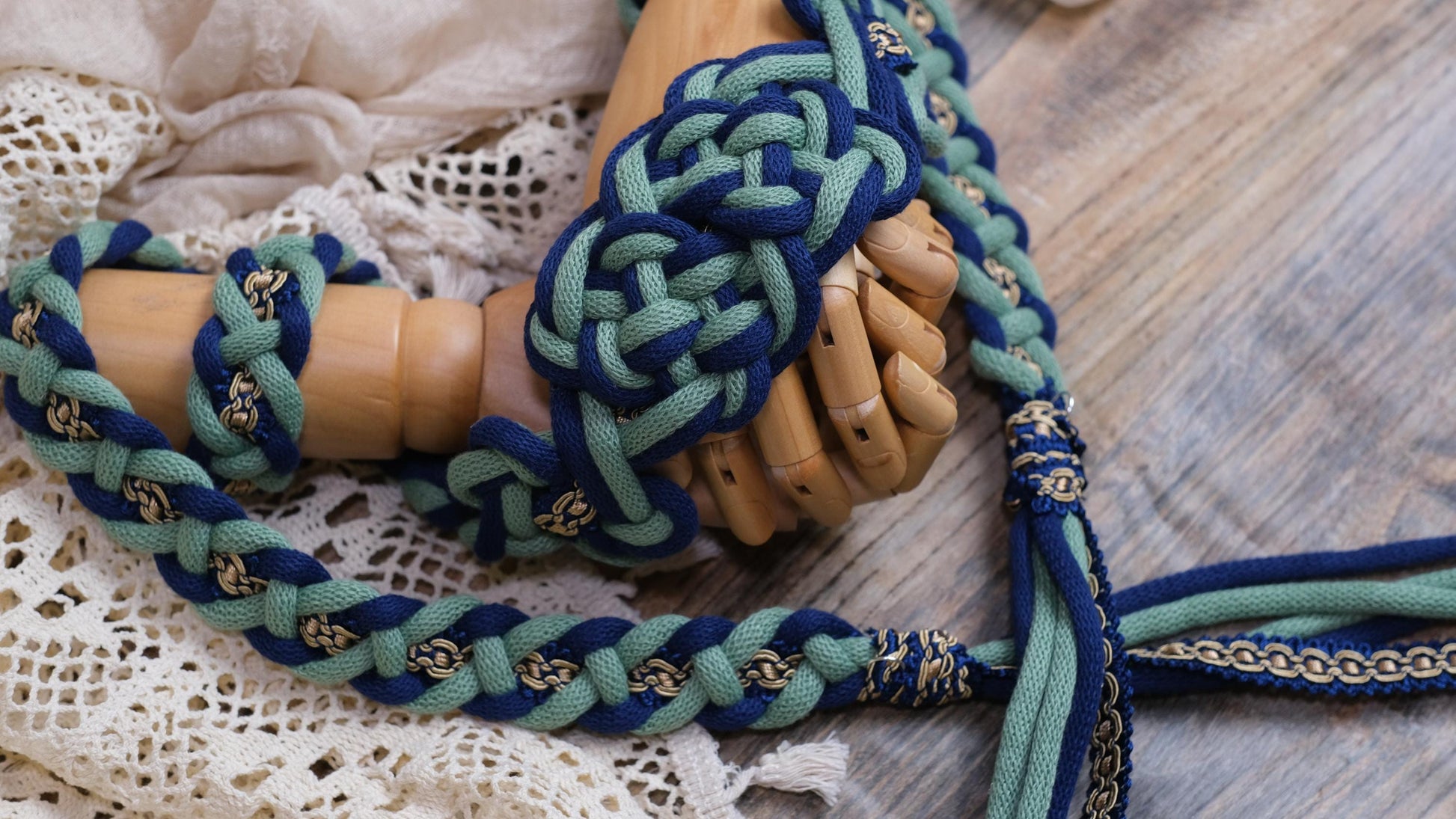 Pre-made Hand Braided Handfasting Cord: Green and Navy with Square Knots Center knot,