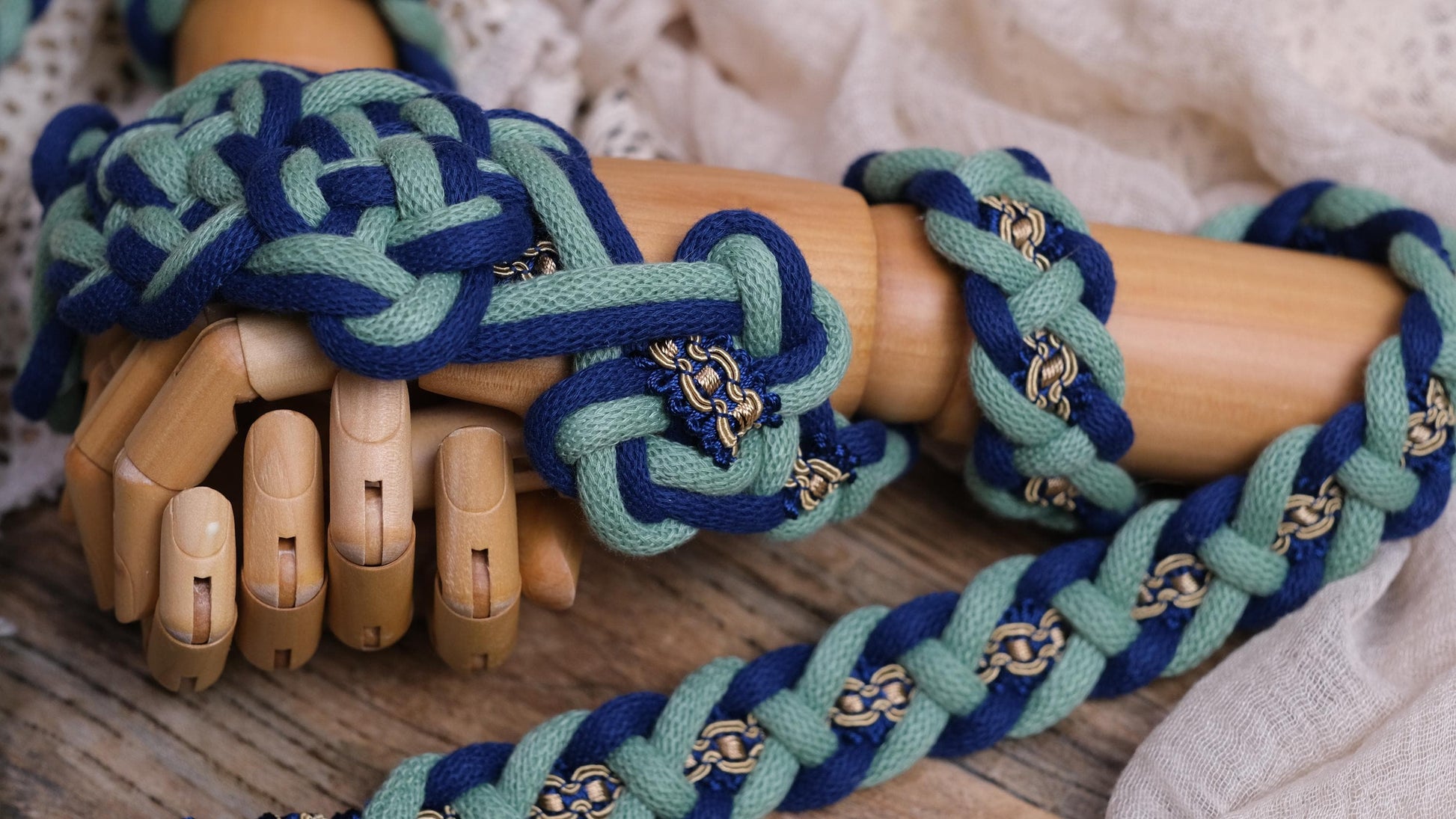 Pre-made Hand Braided Handfasting Cord: Green and Navy with Square Knots Center knot,