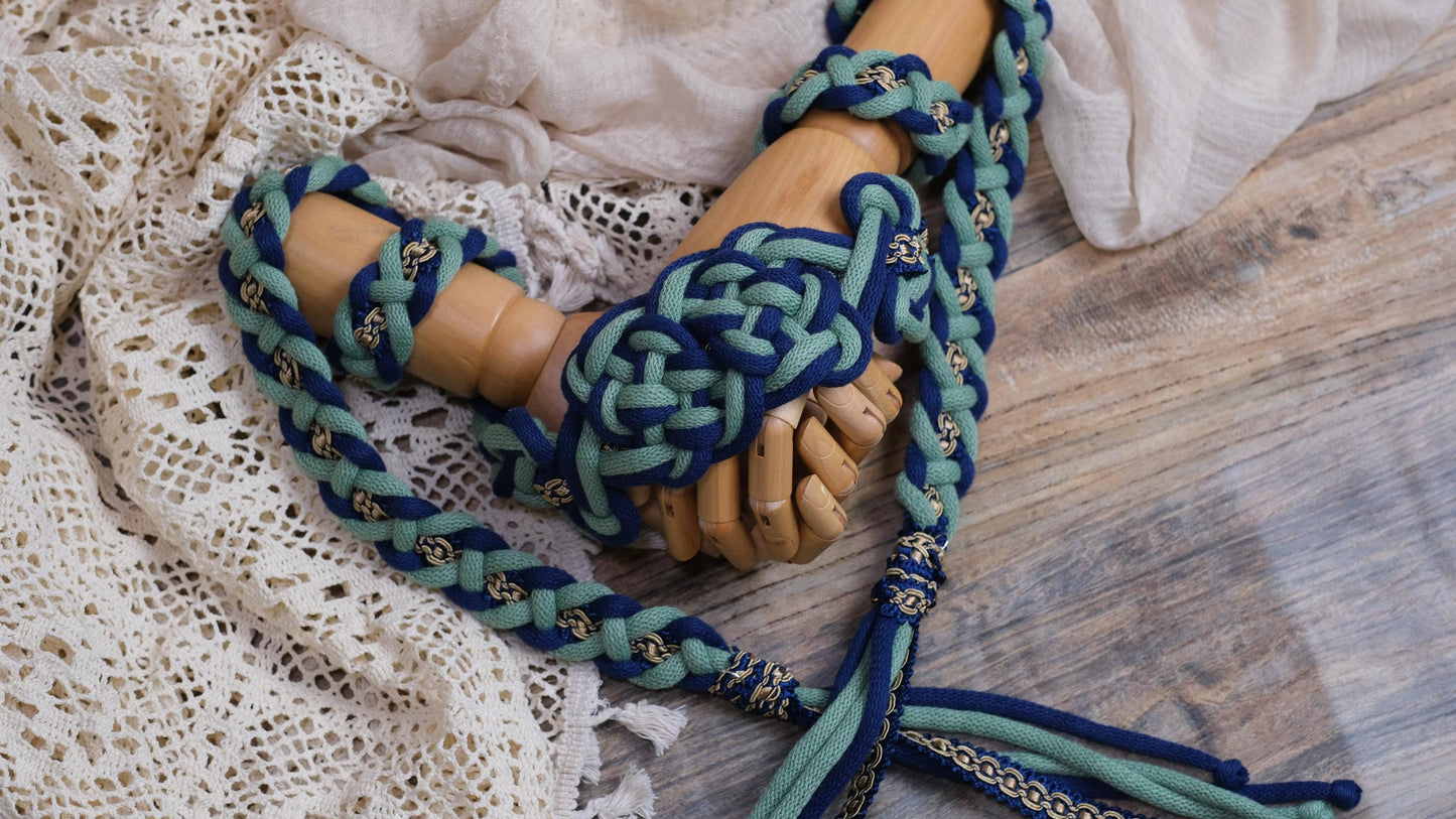 Pre-made Hand Braided Handfasting Cord: Green and Navy with Square Knots Center knot,