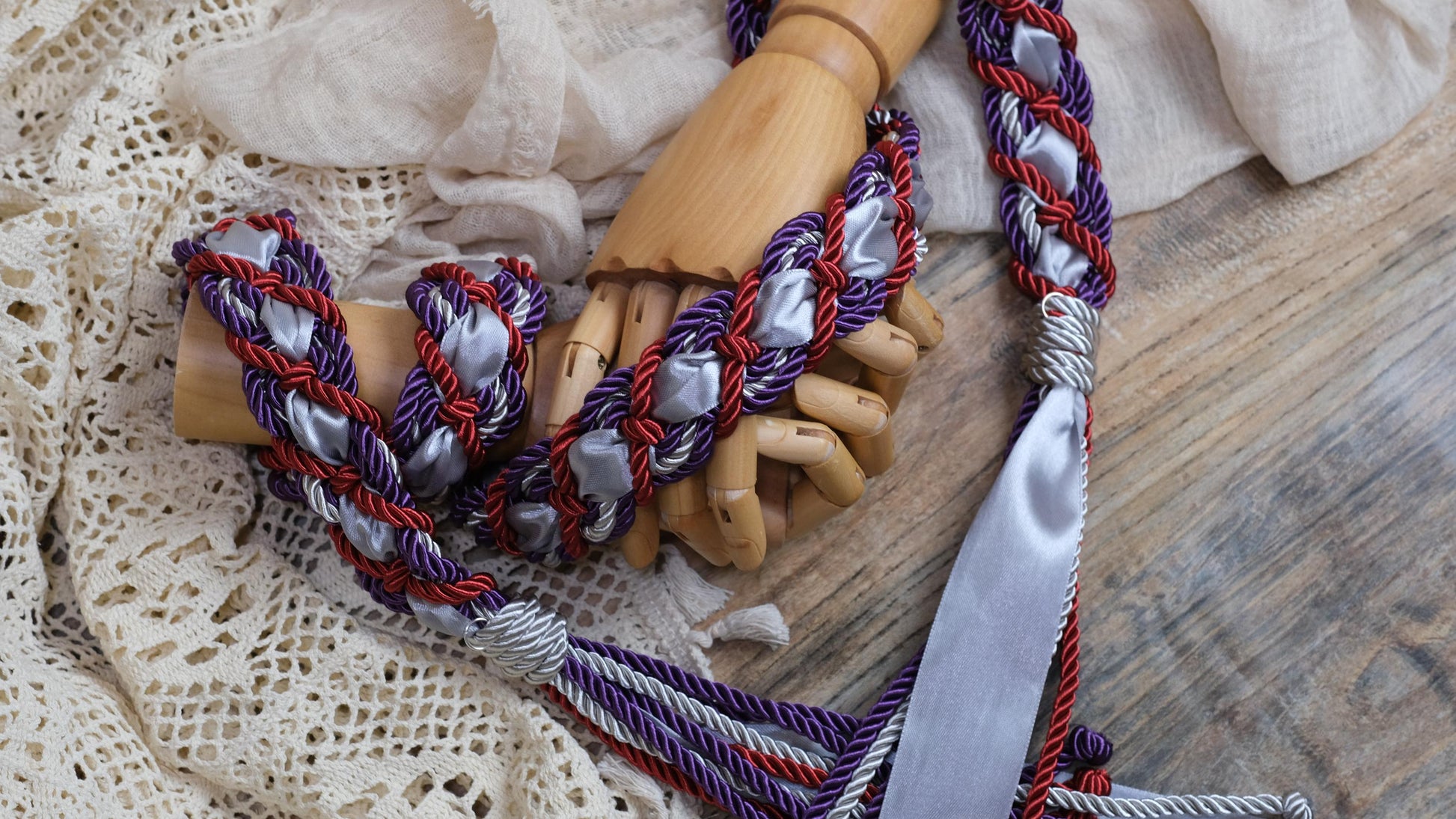 Pre-made Hand braided Handfasting Cord: Red and Purple Ceremony Ribbon