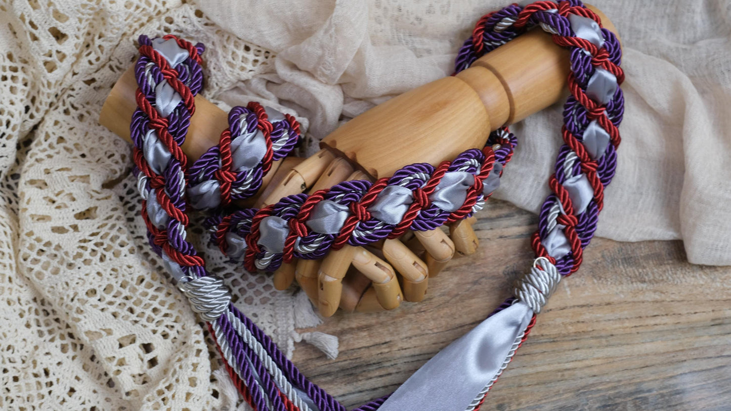 Pre-made Hand braided Handfasting Cord: Red and Purple Ceremony Ribbon