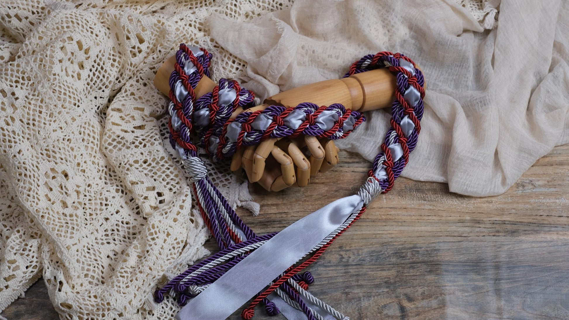 Pre-made Hand braided Handfasting Cord: Red and Purple Ceremony Ribbon