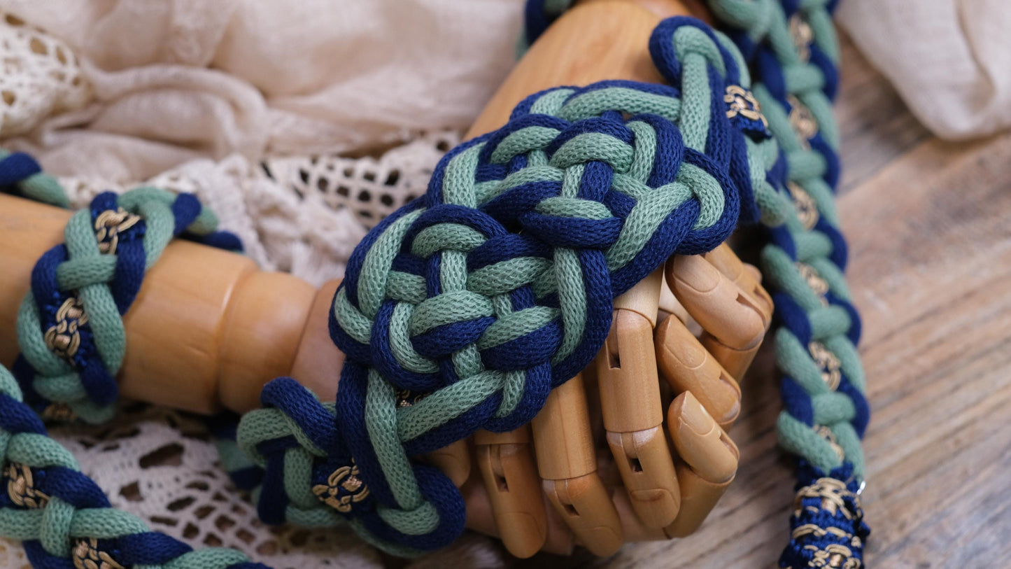 Pre-made Hand Braided Handfasting Cord: Green and Navy with Square Knots Center knot,