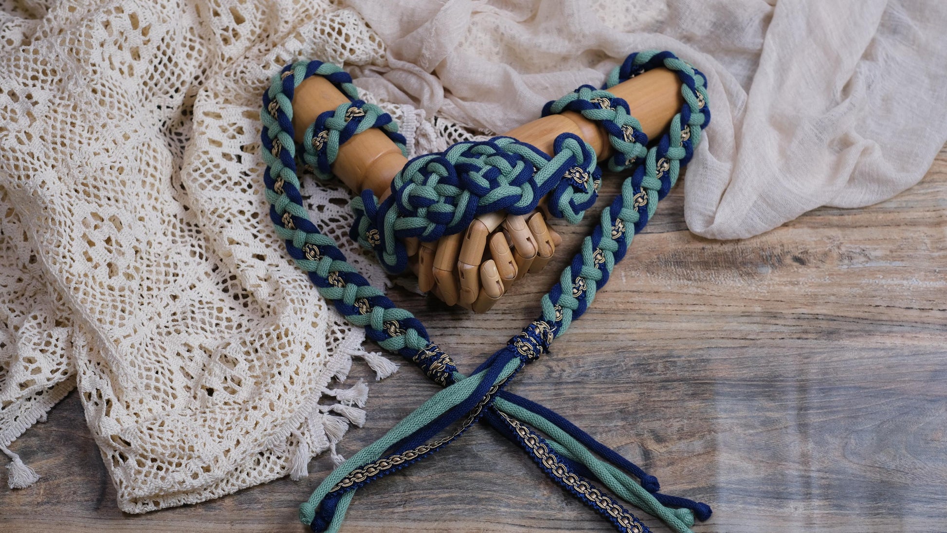 Pre-made Hand Braided Handfasting Cord: Green and Navy with Square Knots Center knot,