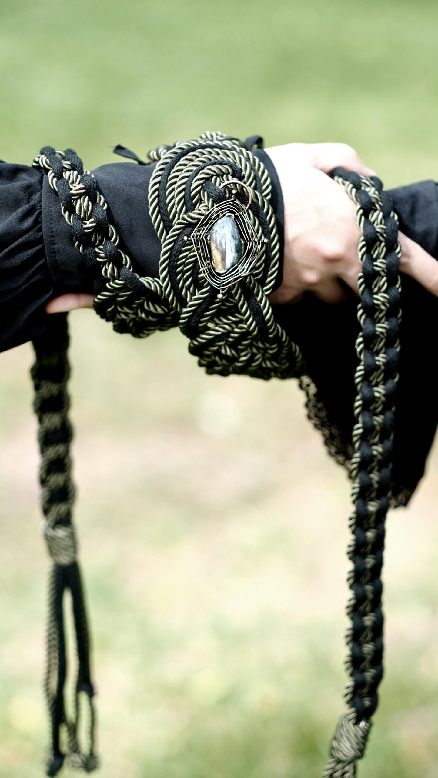 Custom braided Handfasting Cord, Black & Deep Green with Crystal Celtic Love Knot – Customizable Colors