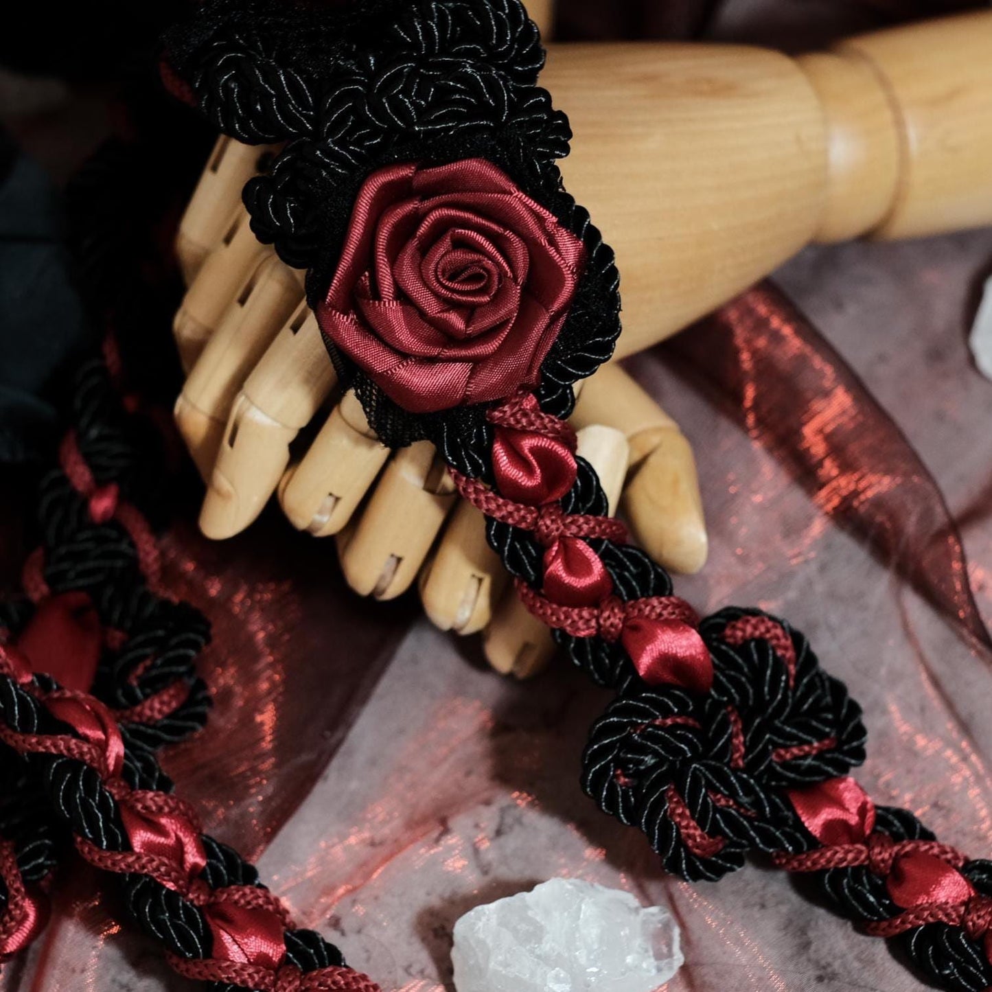 Custom braided Handfasting Cord: Gothic Black & Red with Roses Celtic Love Knot – Customizable Colors