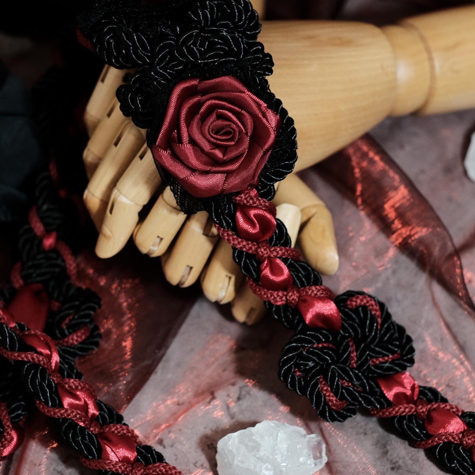 Custom braided Handfasting Cord: Gothic Black & Red with Roses Celtic Love Knot – Customizable Colors