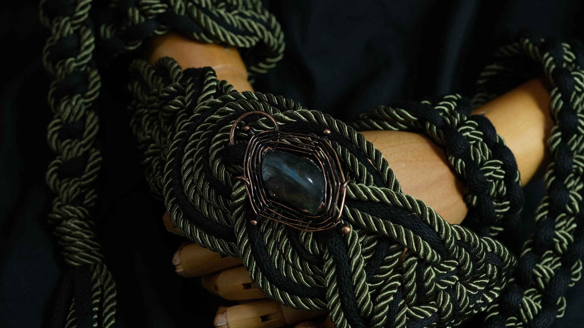 Custom braided Handfasting Cord, Black & Deep Green with Crystal Celtic Love Knot – Customizable Colors