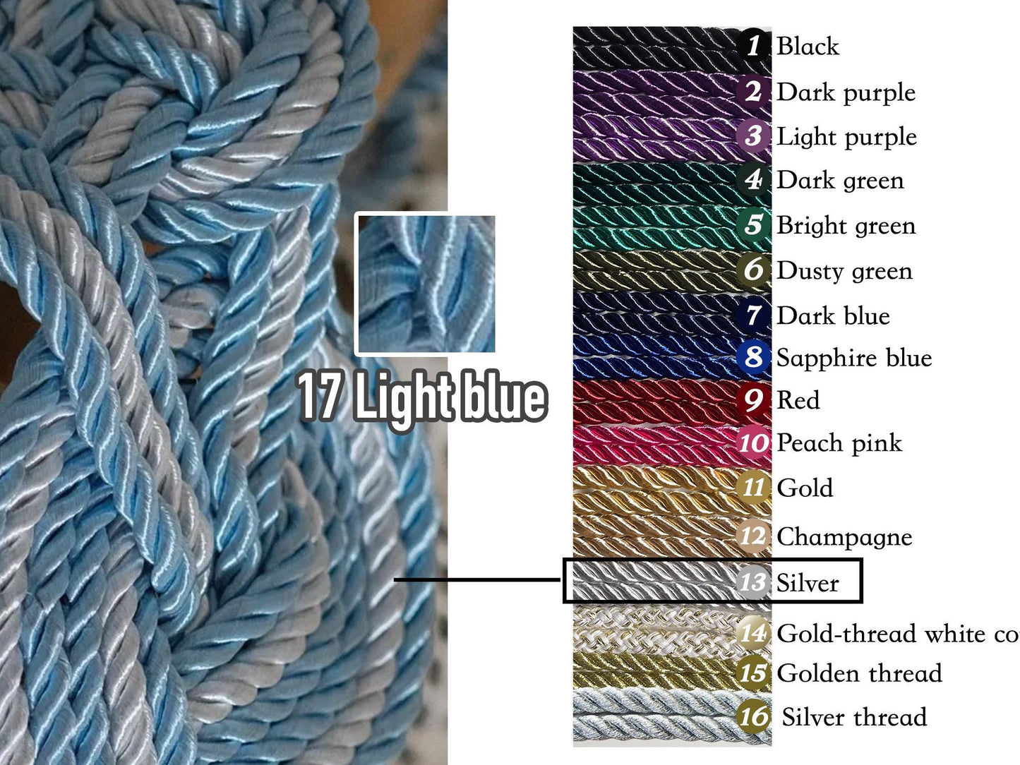 Custom braided Handfasting Cord: Silver & Light Blue with Celtic Nine Knots – Customizable Colors
