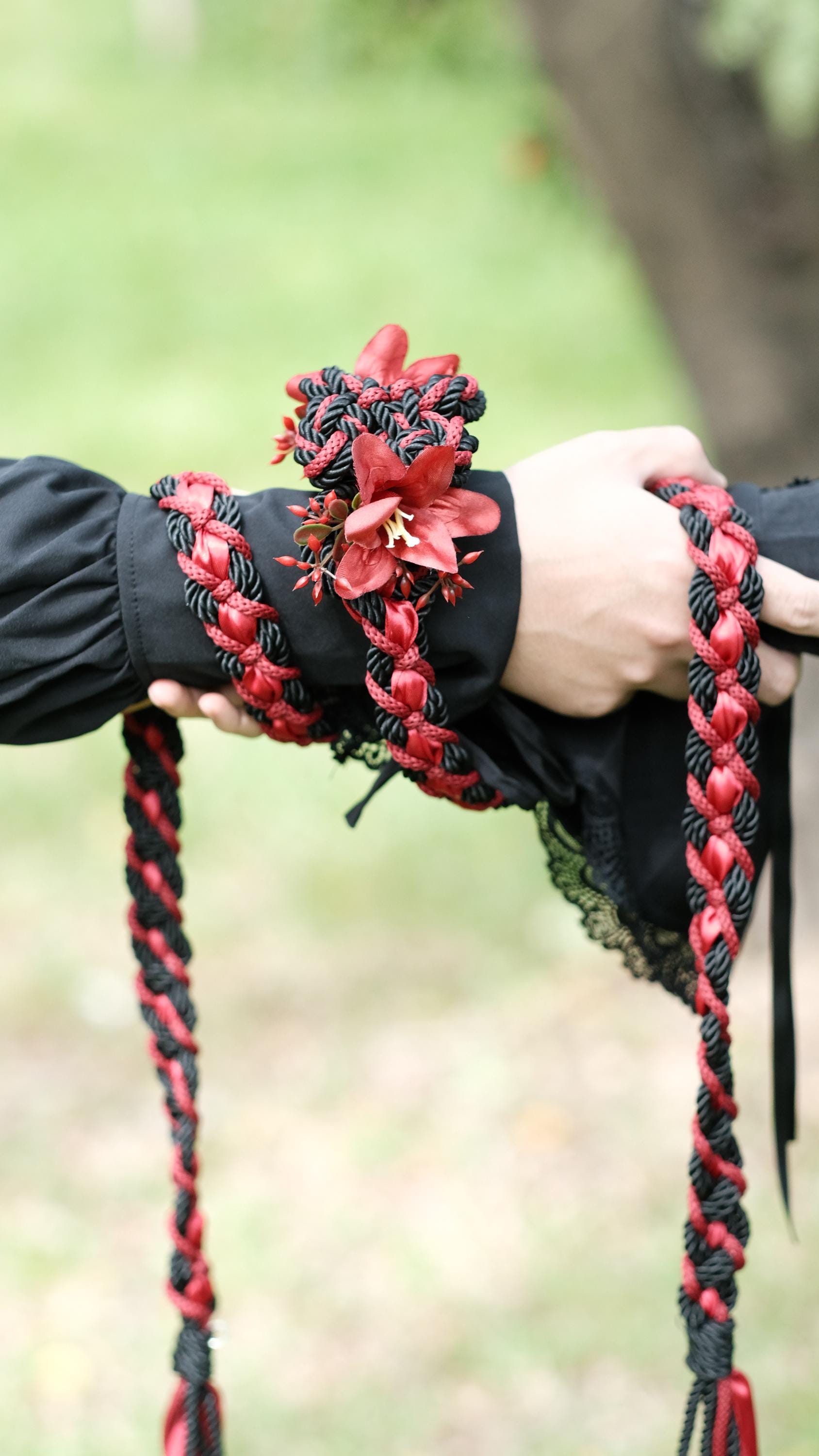 Custom braided Handfasting Cord, Black & Red with Lily, Celtic Love Knot – Customizable Colors
