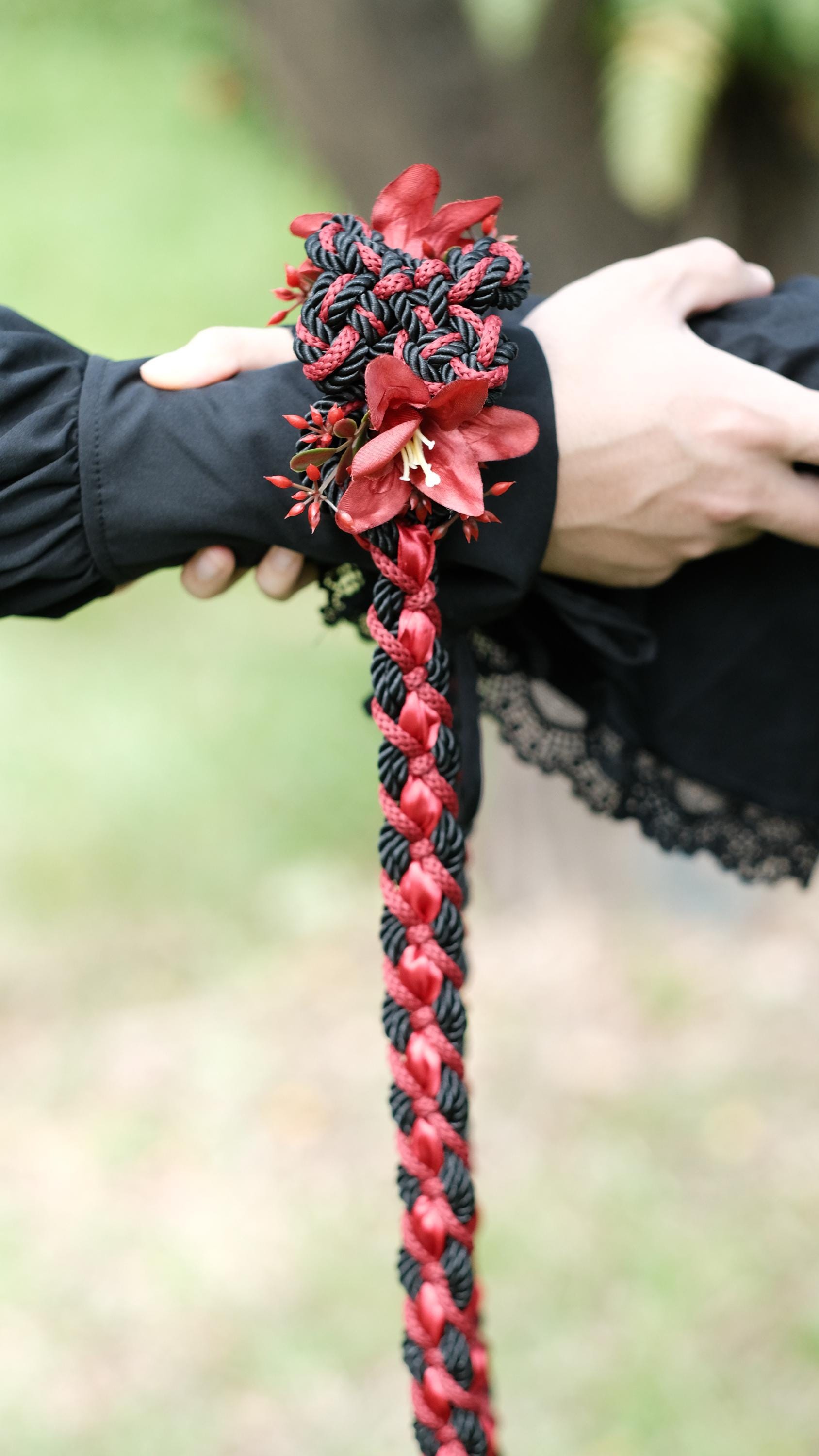 Custom braided Handfasting Cord, Black & Red with Lily, Celtic Love Knot – Customizable Colors