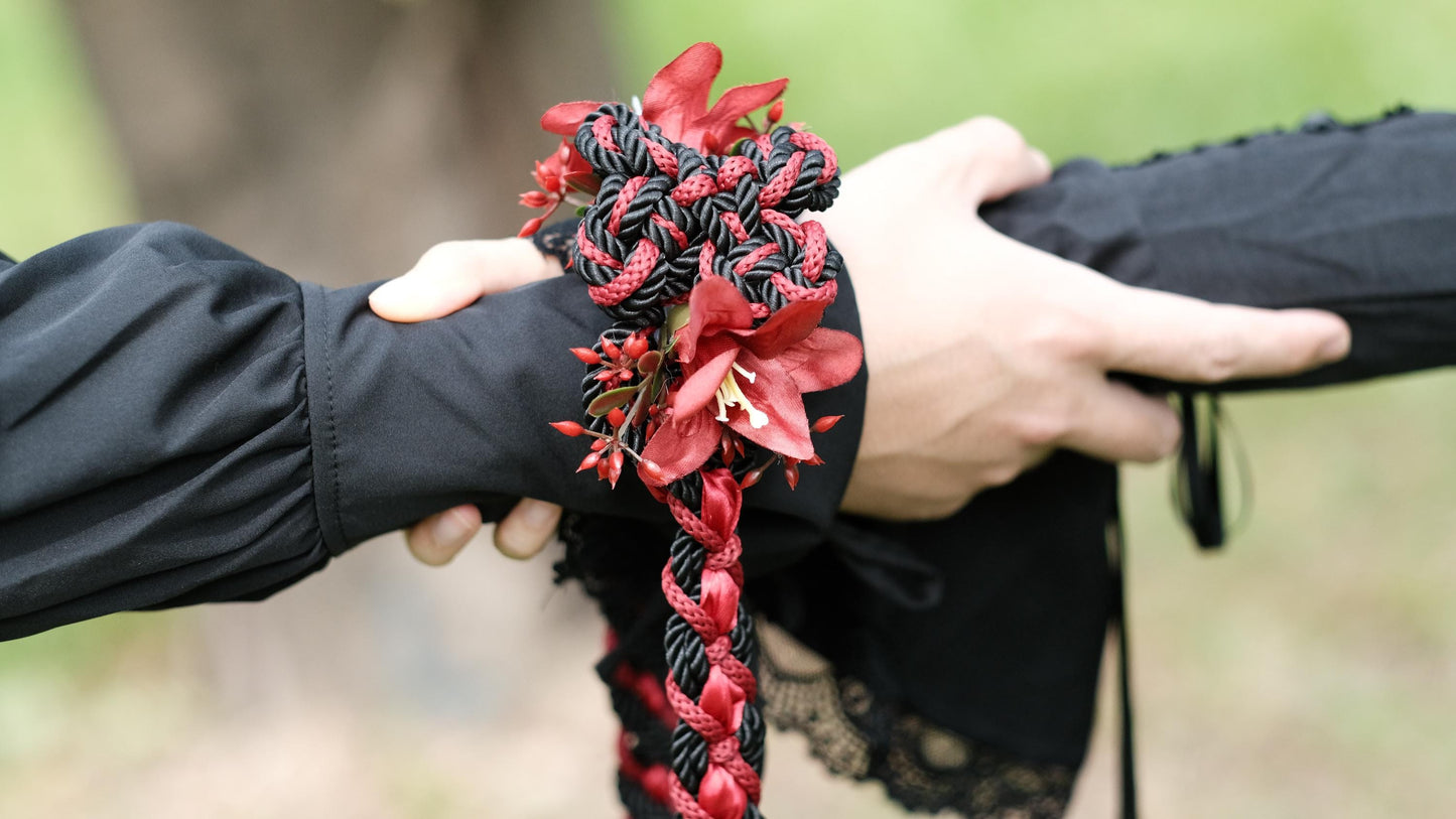 Custom braided Handfasting Cord, Black & Red with Lily, Celtic Love Knot – Customizable Colors