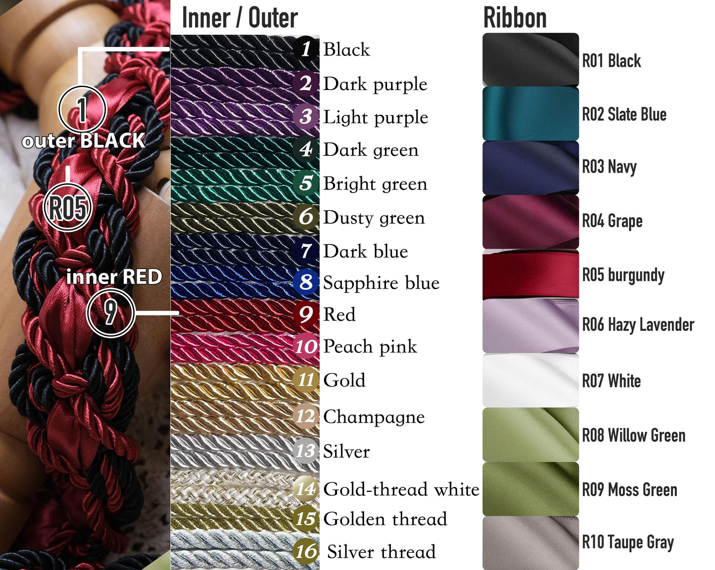 Custom braided Handfasting Cord, Deep Red & Black Ceremony Cord - Customizable Colors