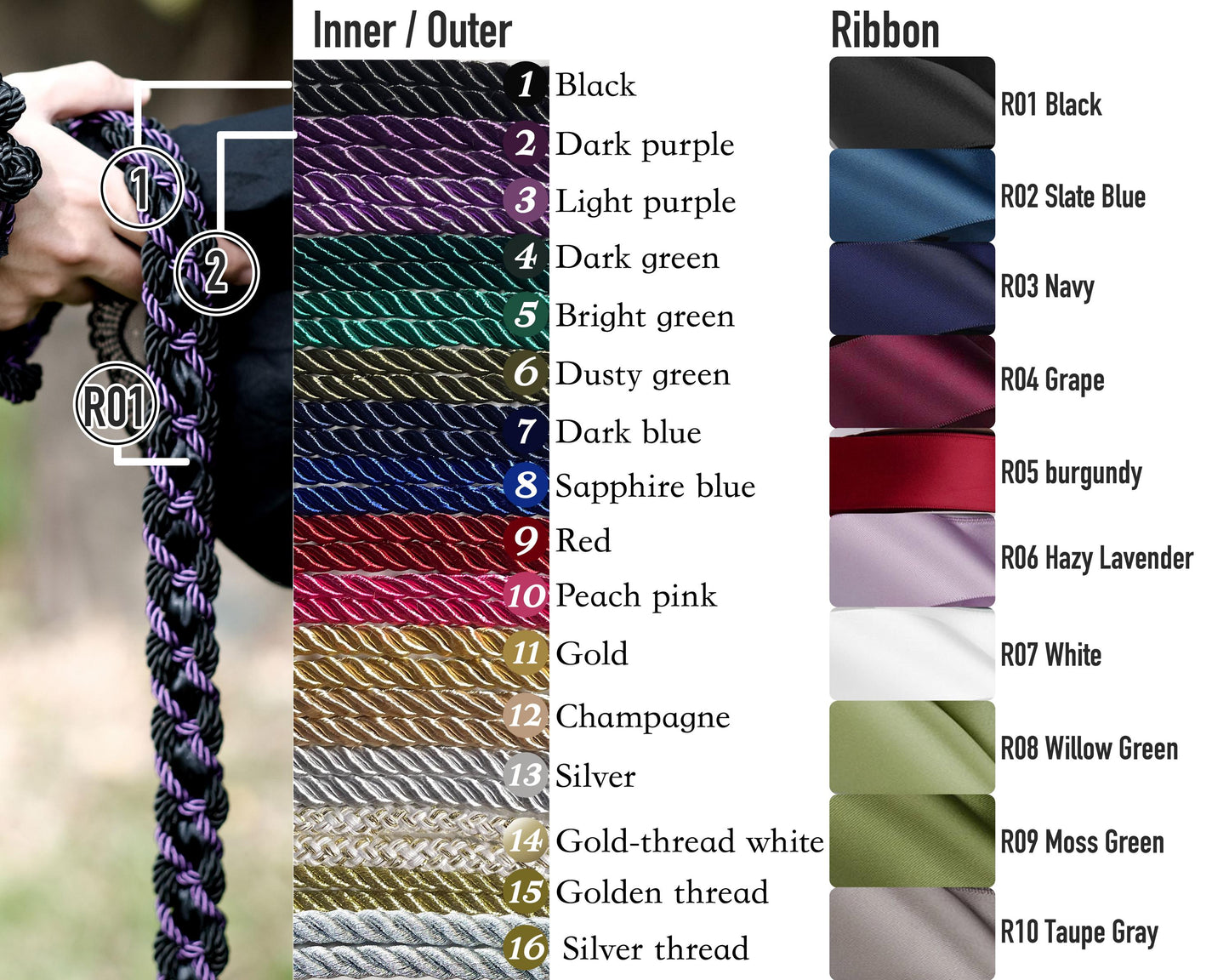 Custom Braided Handfasting Cord, Black & Purple Roses, Celtic Knot, customizable colors