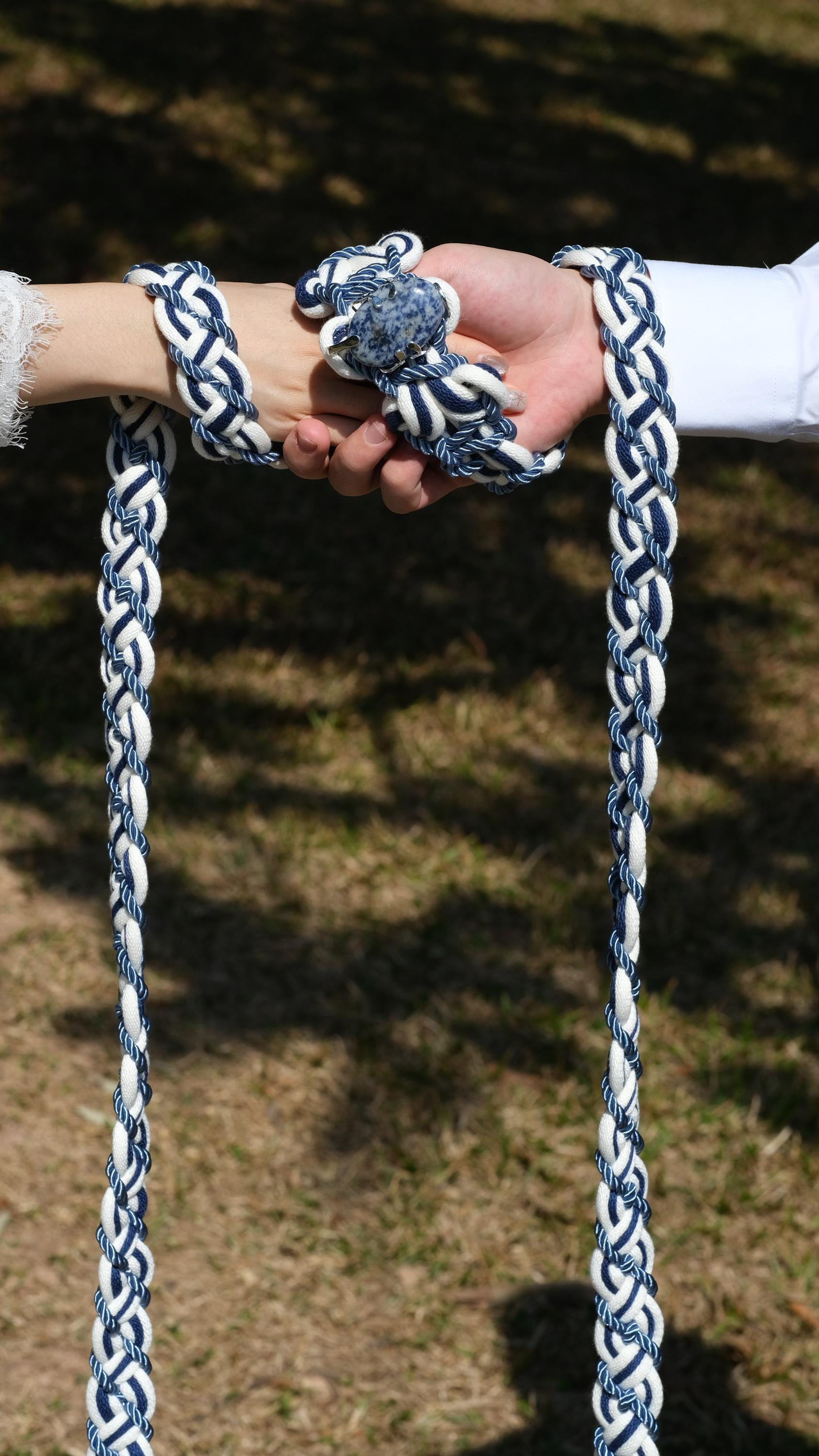 Custom Braided Handfasting Cord, Navy Blue Ivory Celtic Wedding Knot, Natural Stone Accent