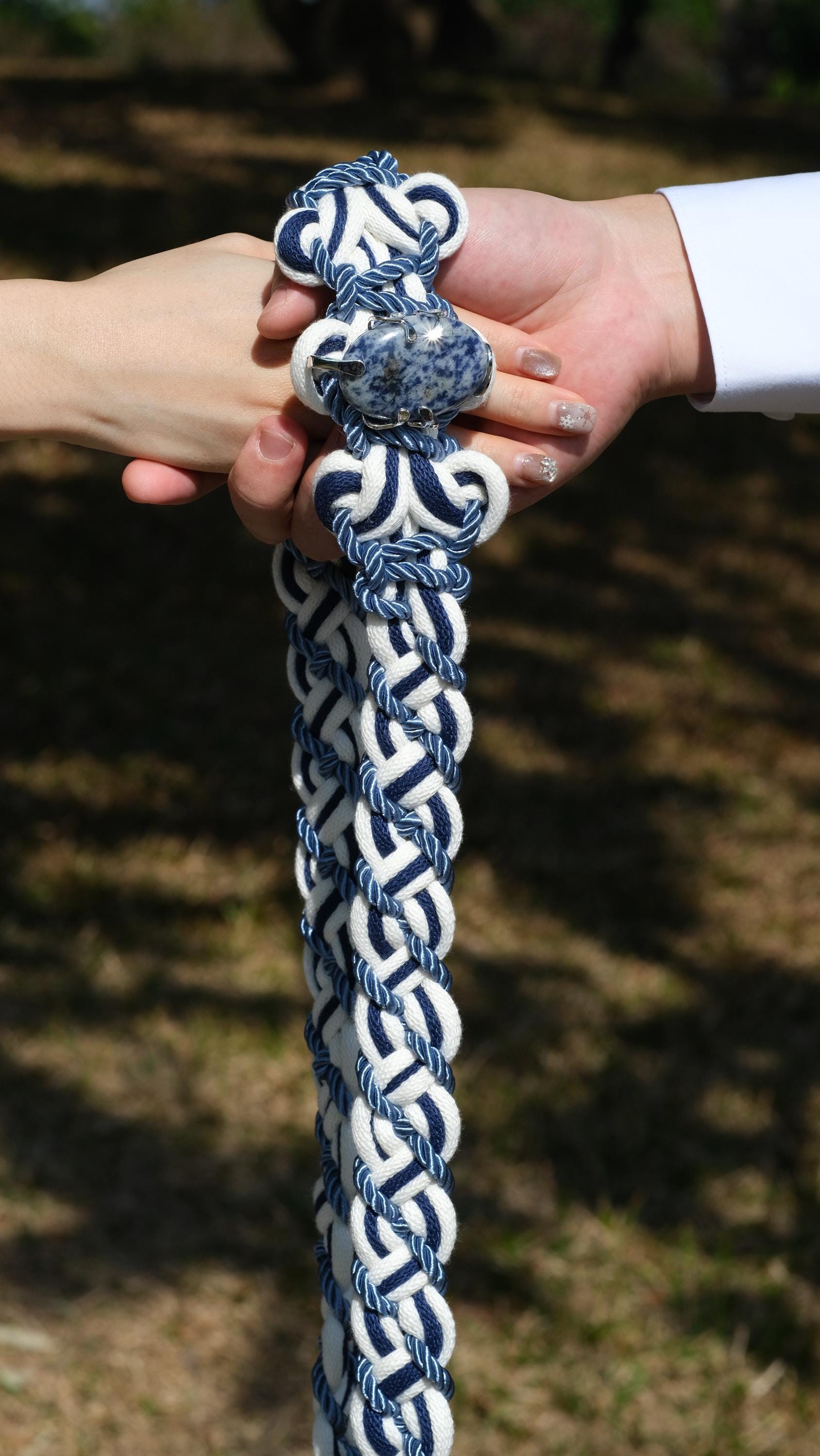 Custom Braided Handfasting Cord, Navy Blue Ivory Celtic Wedding Knot, Natural Stone Accent