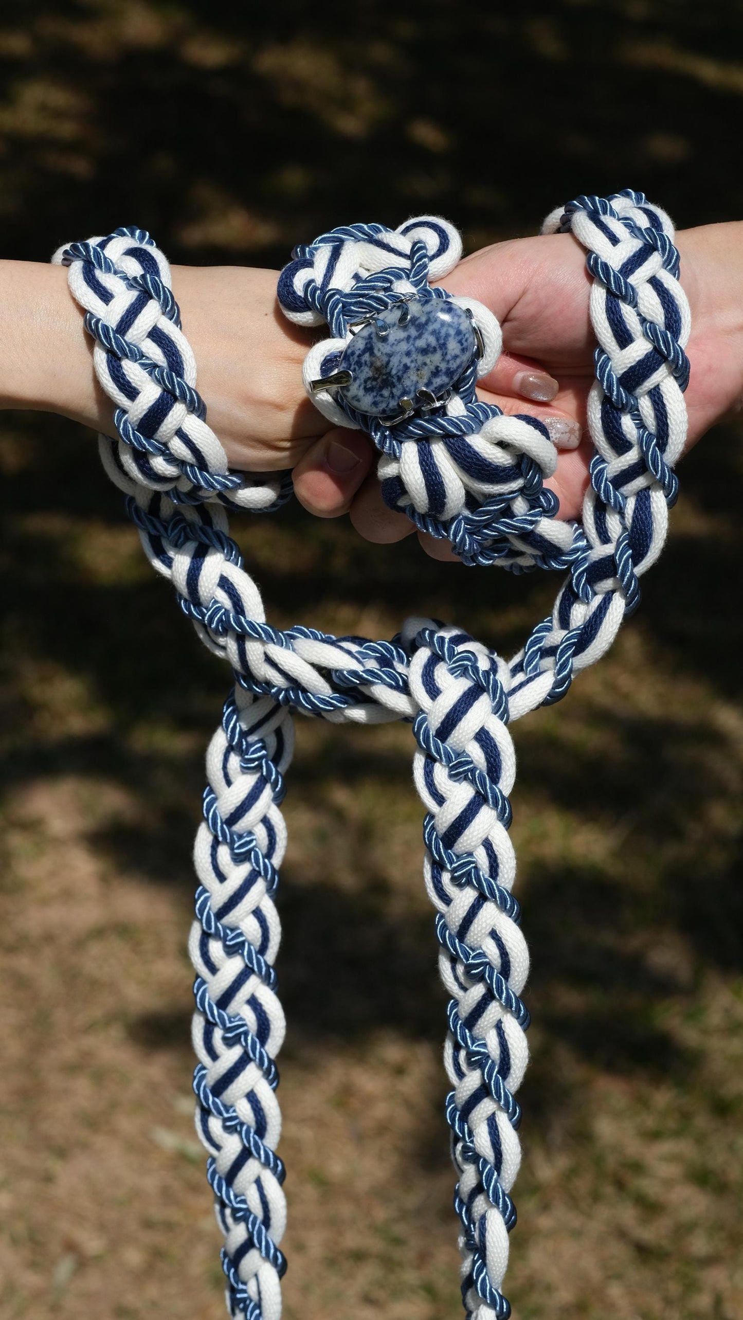 Custom Braided Handfasting Cord, Navy Blue Ivory Celtic Wedding Knot, Natural Stone Accent