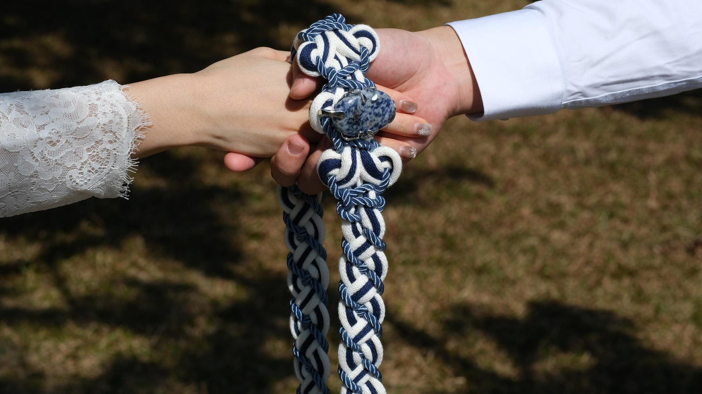 Custom Braided Handfasting Cord, Navy Blue Ivory Celtic Wedding Knot, Natural Stone Accent