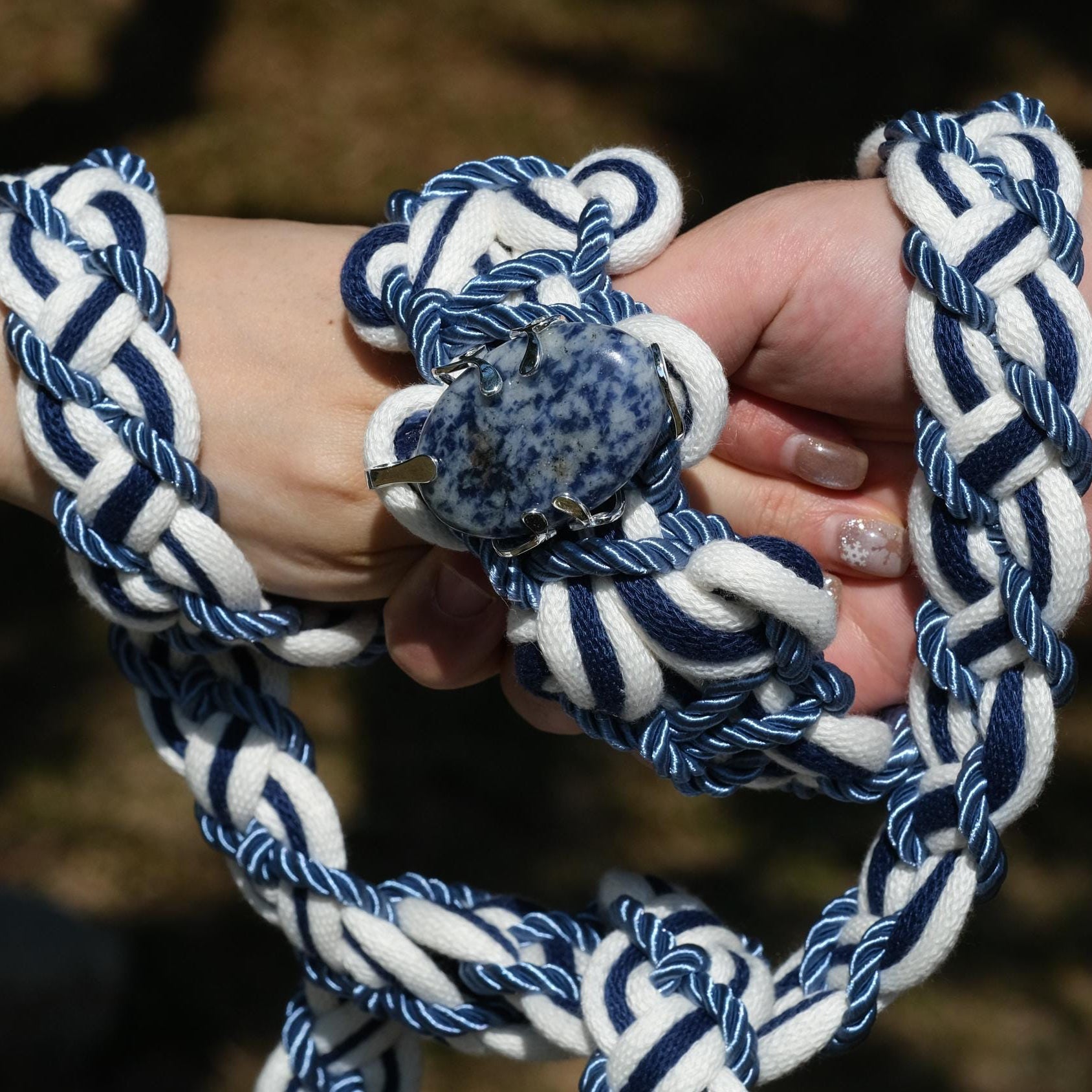 Custom Braided Handfasting Cord, Navy Blue Ivory Celtic Wedding Knot, Natural Stone Accent