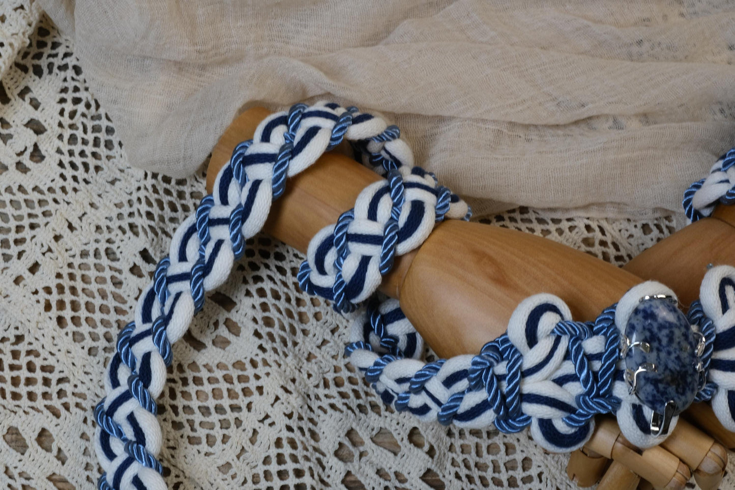 Custom Braided Handfasting Cord, Navy Blue Ivory Celtic Wedding Knot, Natural Stone Accent