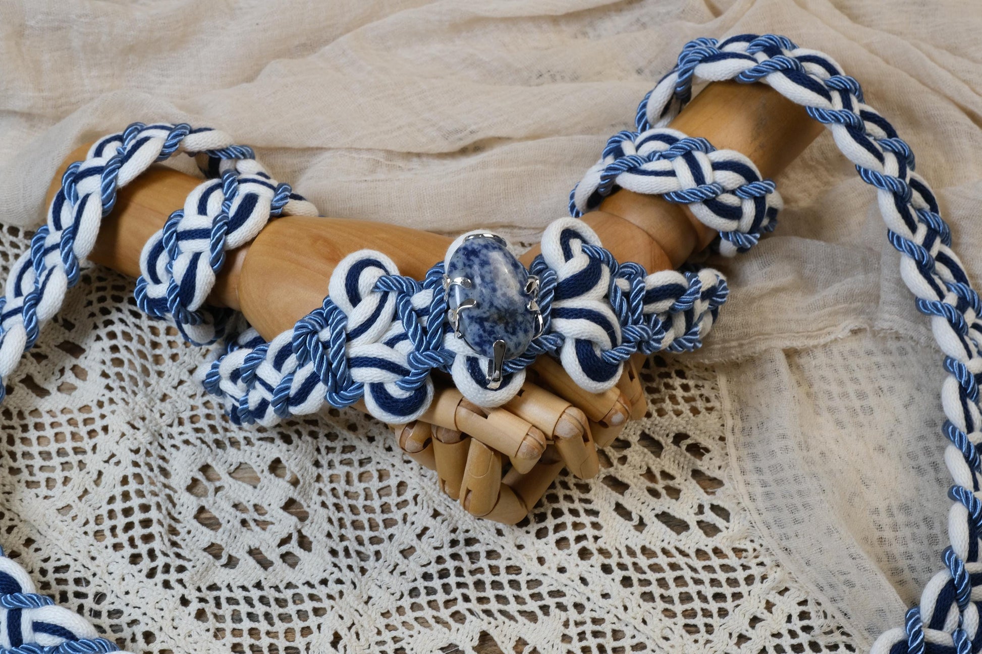 Custom Braided Handfasting Cord, Navy Blue Ivory Celtic Wedding Knot, Natural Stone Accent