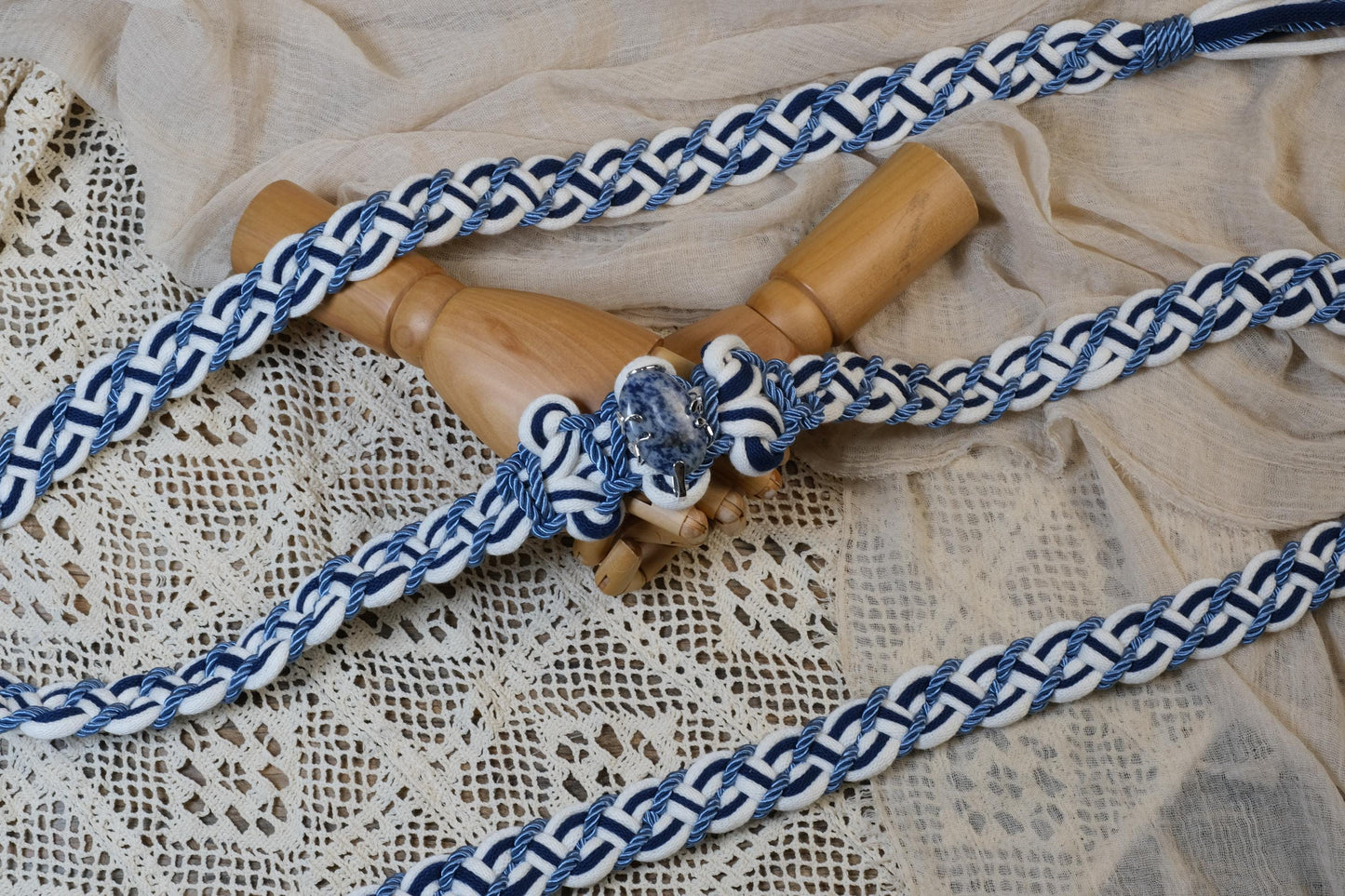 Custom Braided Handfasting Cord, Navy Blue Ivory Celtic Wedding Knot, Natural Stone Accent