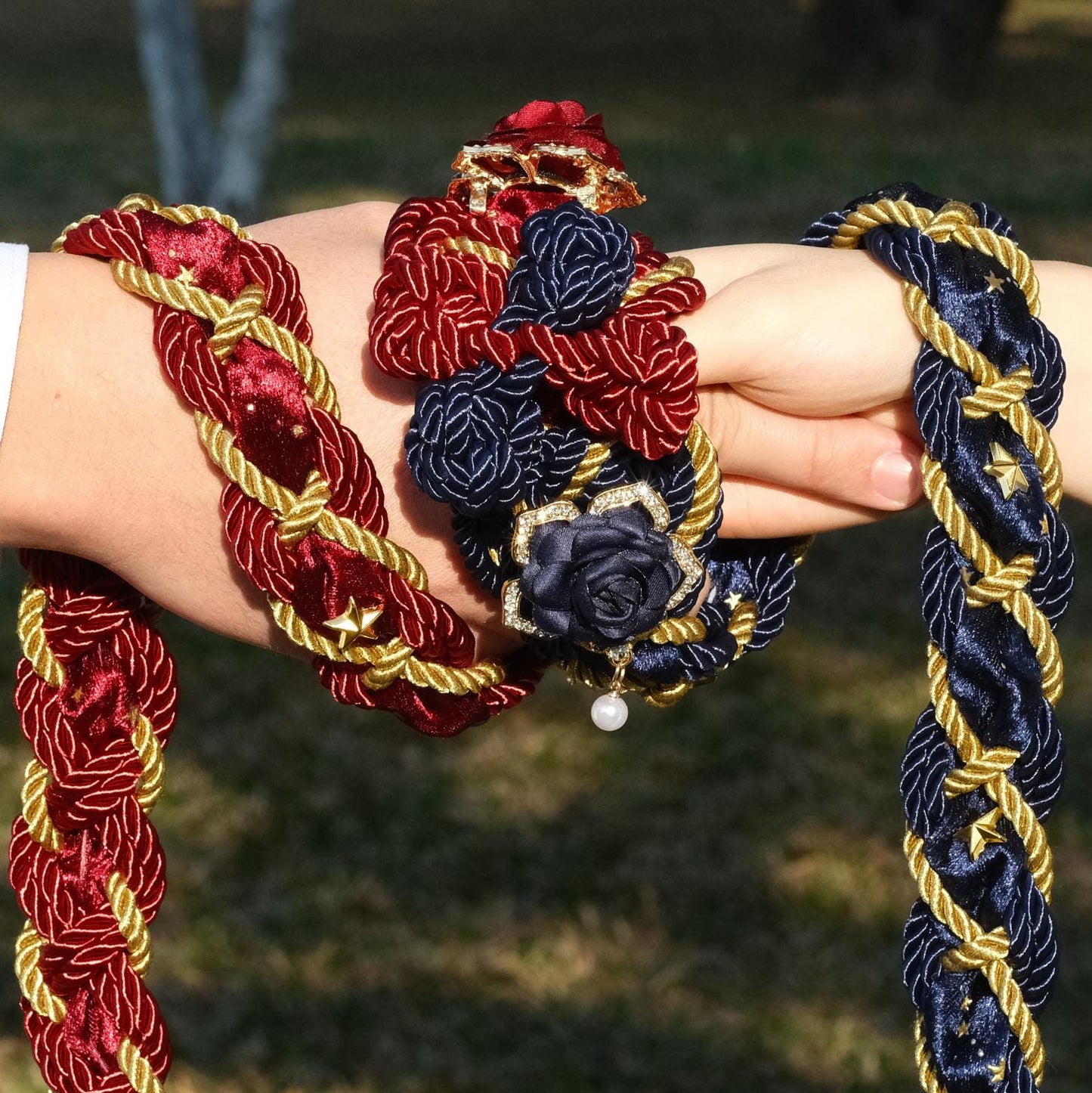 Custom Braided Handfasting Cord, Red & Blue Diamond Roses, Celtic Knot, customizable colors
