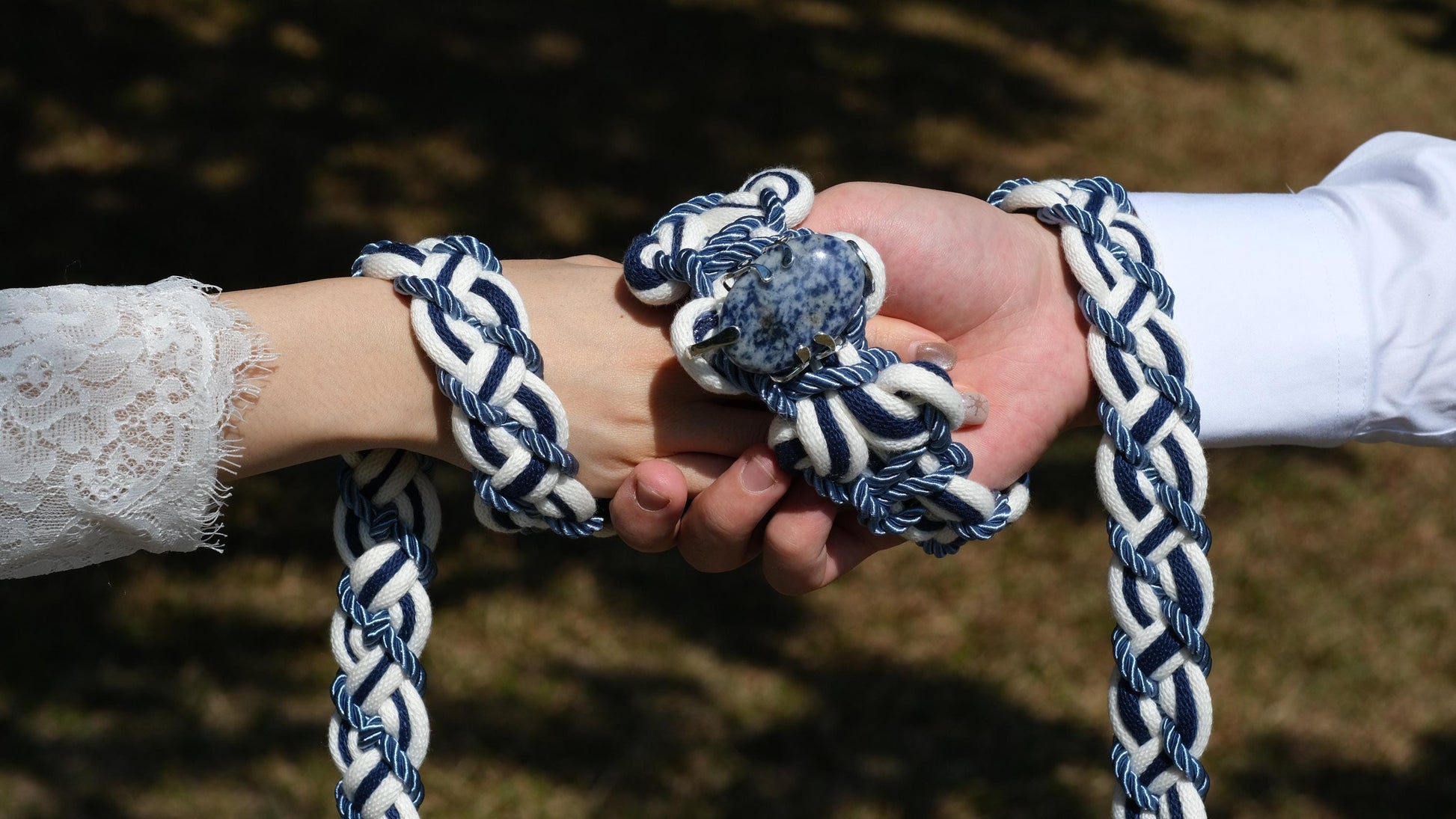 Custom Braided Handfasting Cord, Navy Blue Ivory Celtic Wedding Knot, Natural Stone Accent
