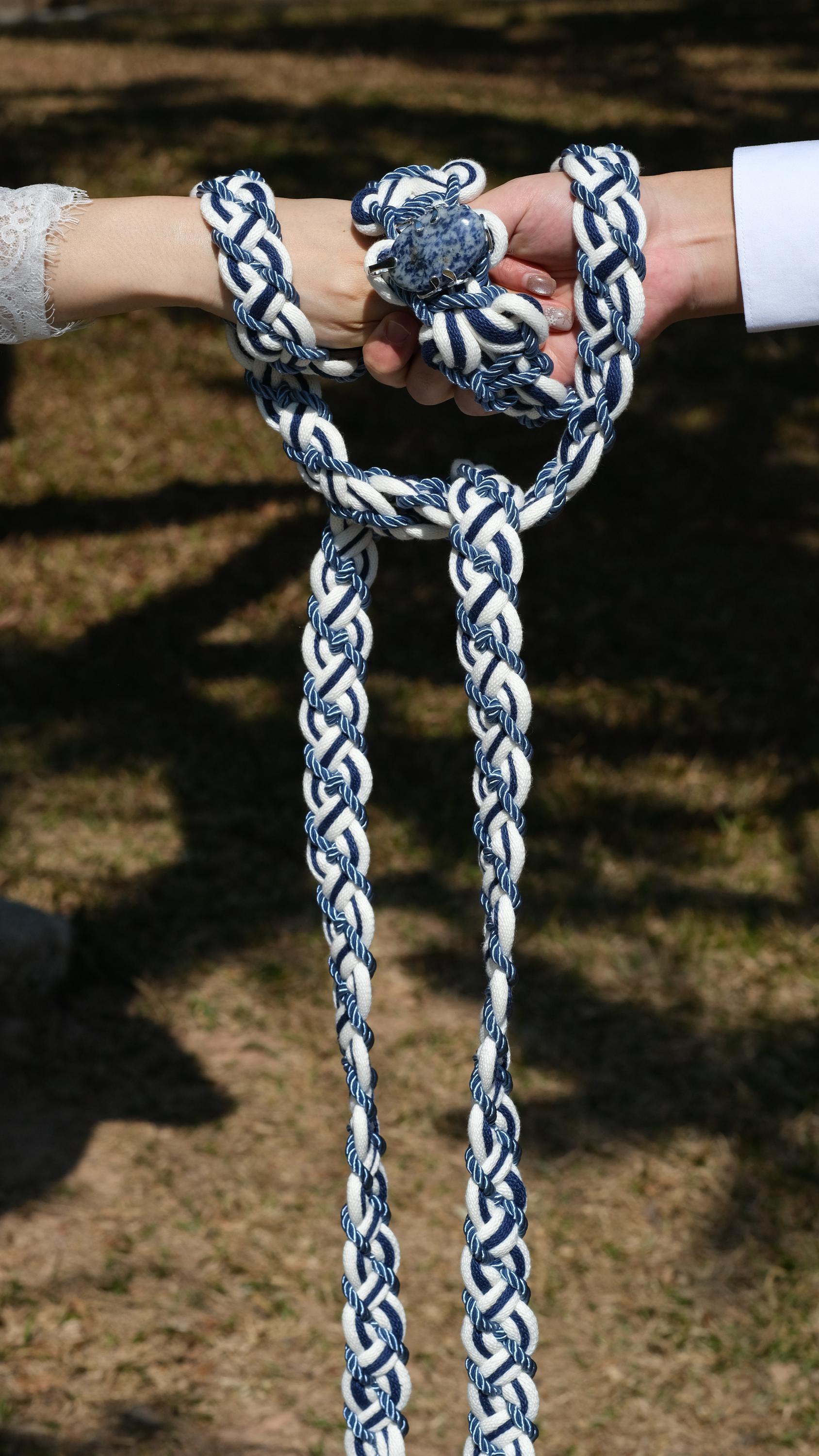 Custom Braided Handfasting Cord, Navy Blue Ivory Celtic Wedding Knot, Natural Stone Accent