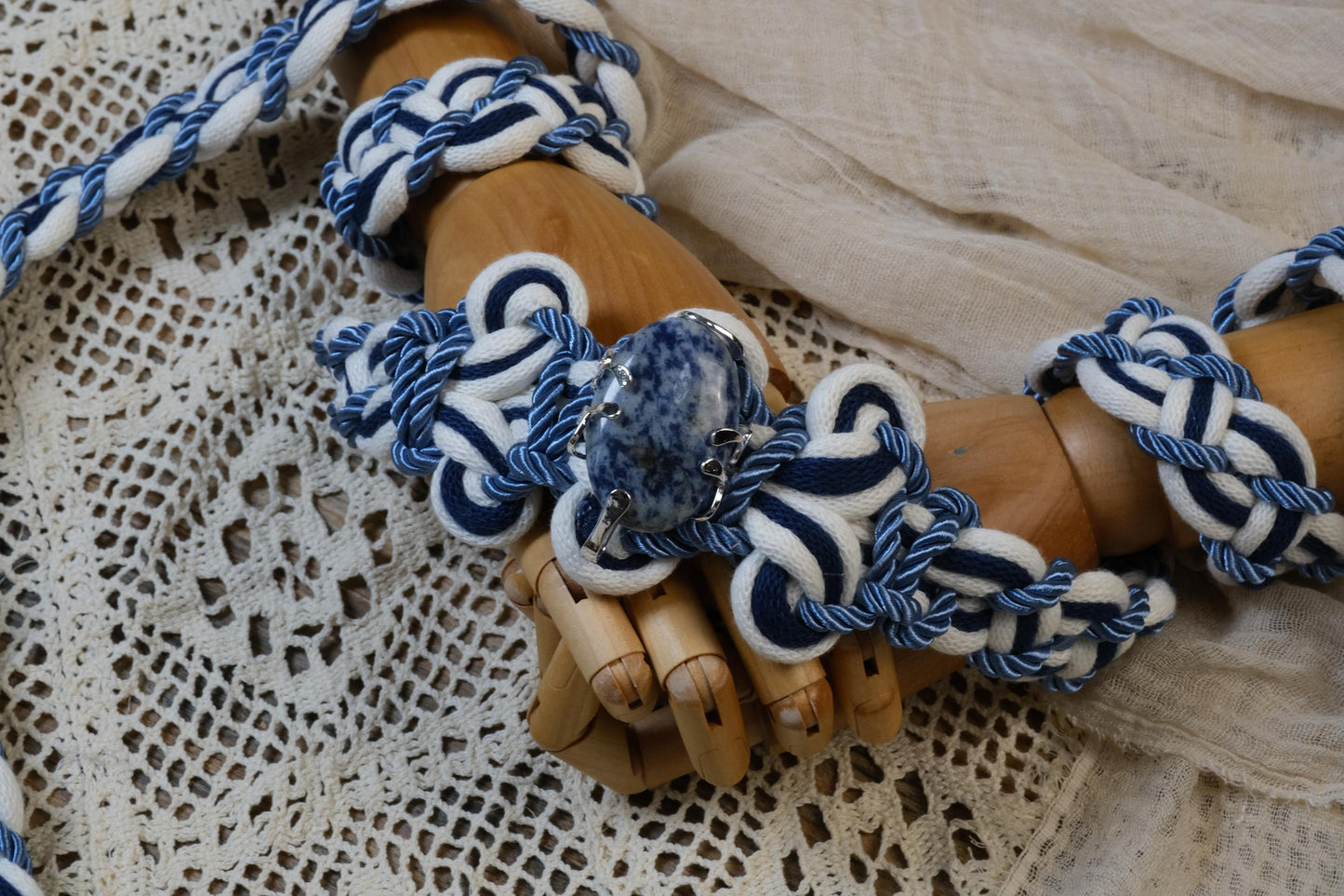 Custom Braided Handfasting Cord, Navy Blue Ivory Celtic Wedding Knot, Natural Stone Accent