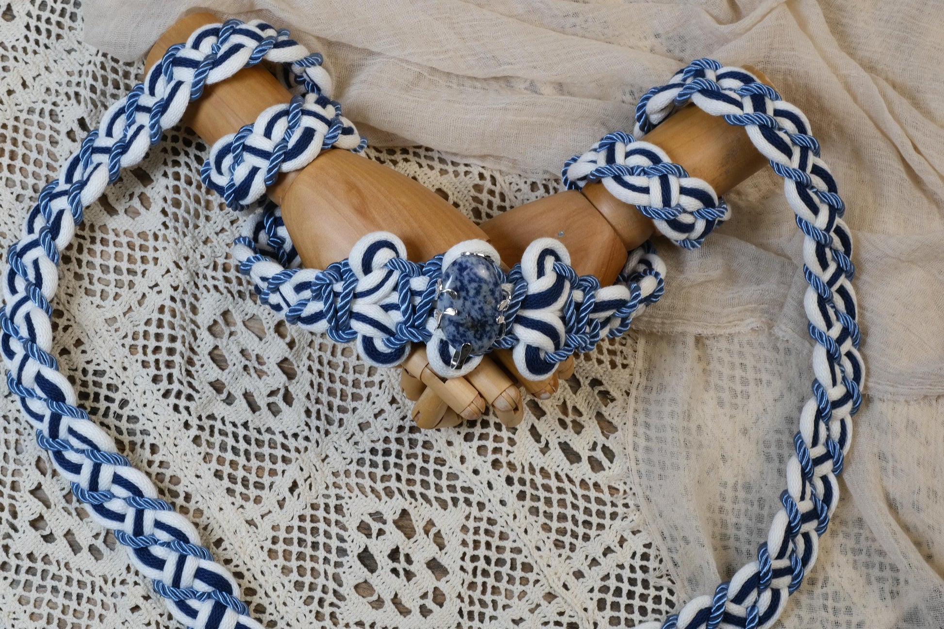 Custom Braided Handfasting Cord, Navy Blue Ivory Celtic Wedding Knot, Natural Stone Accent