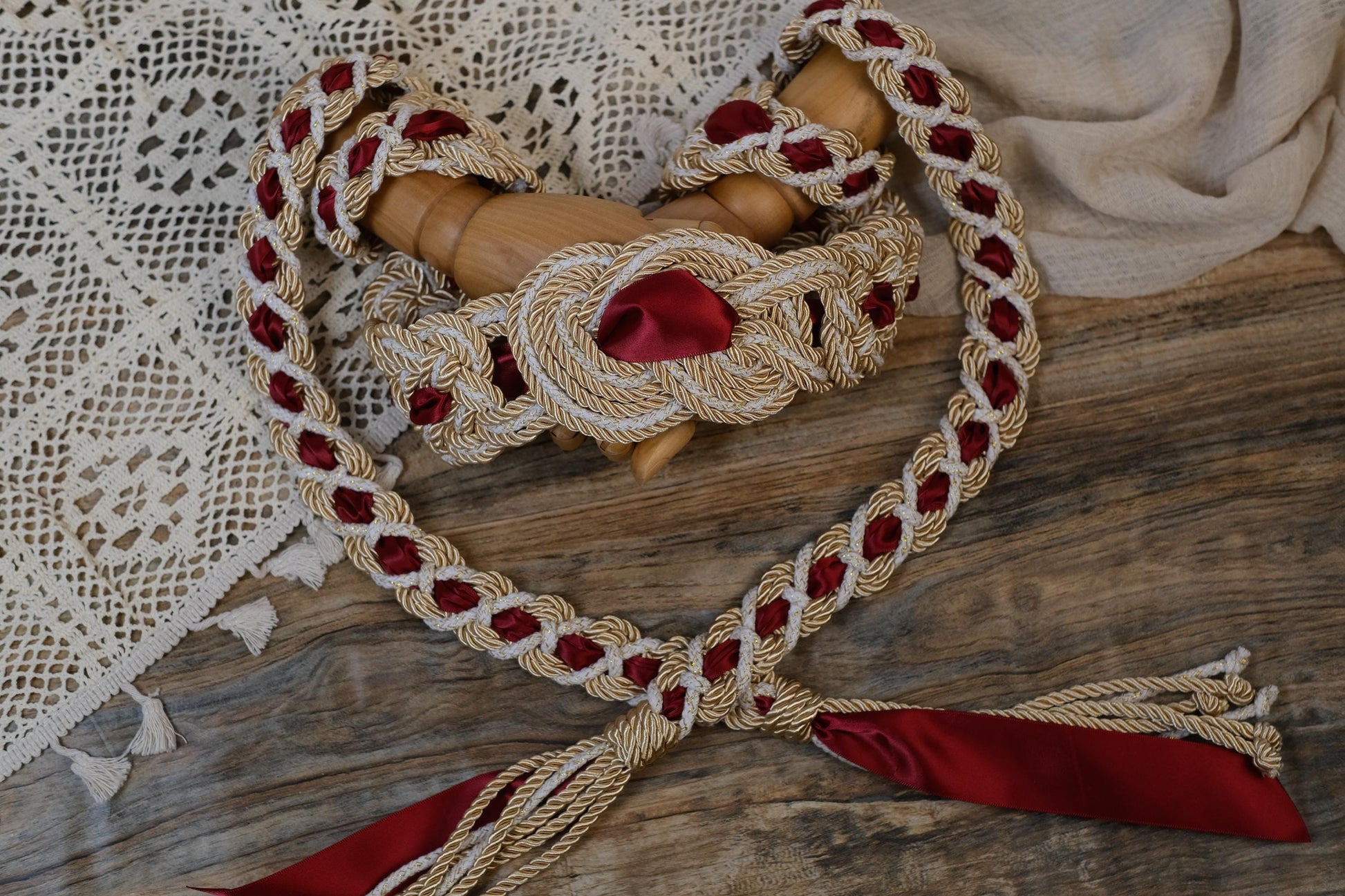 Pre-made Hand Braided Nine Knot Handfasting Cord with Champagne & White with Ruby Red