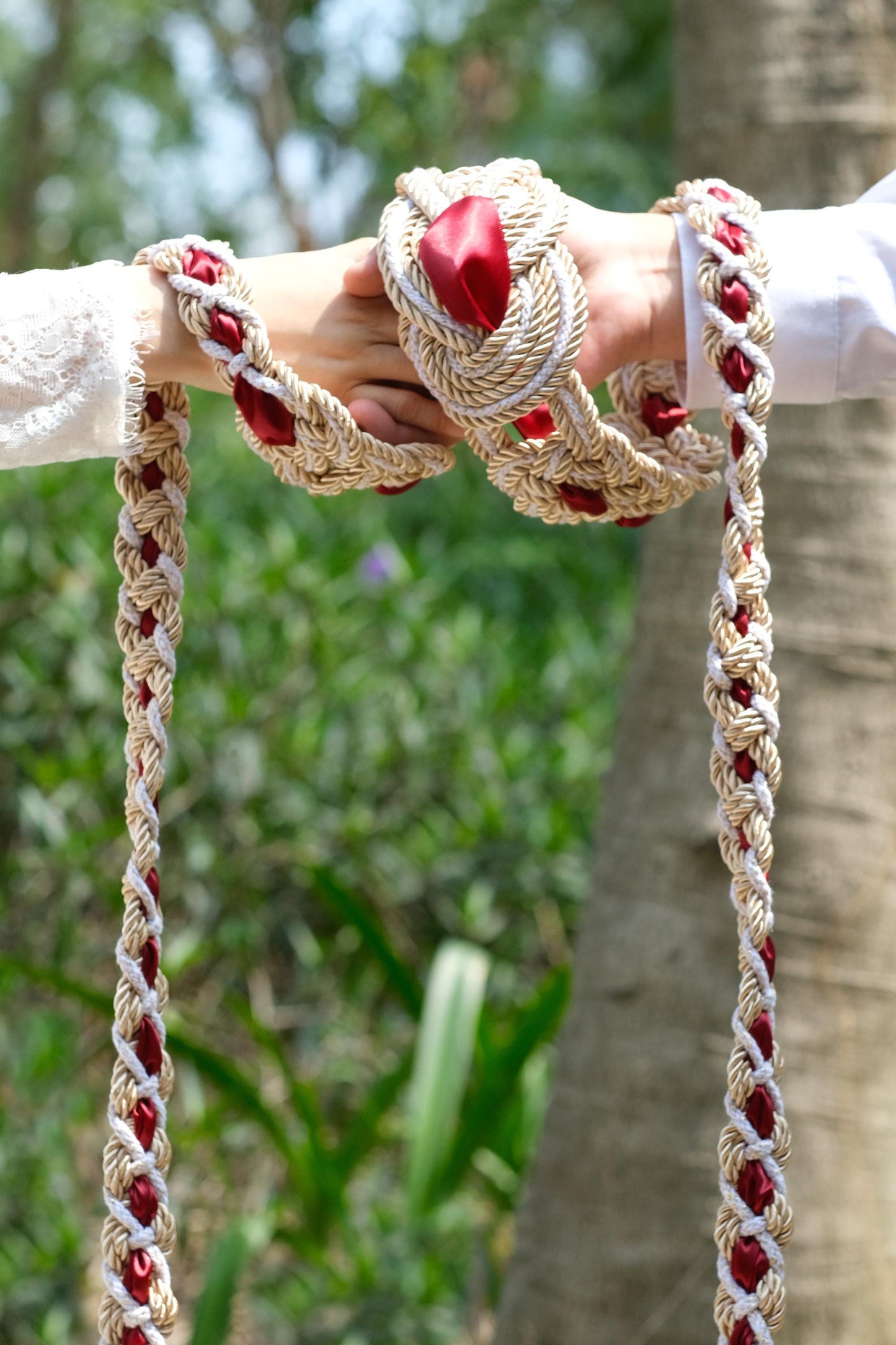 Pre-made Hand Braided Nine Knot Handfasting Cord with Champagne & White with Ruby Red