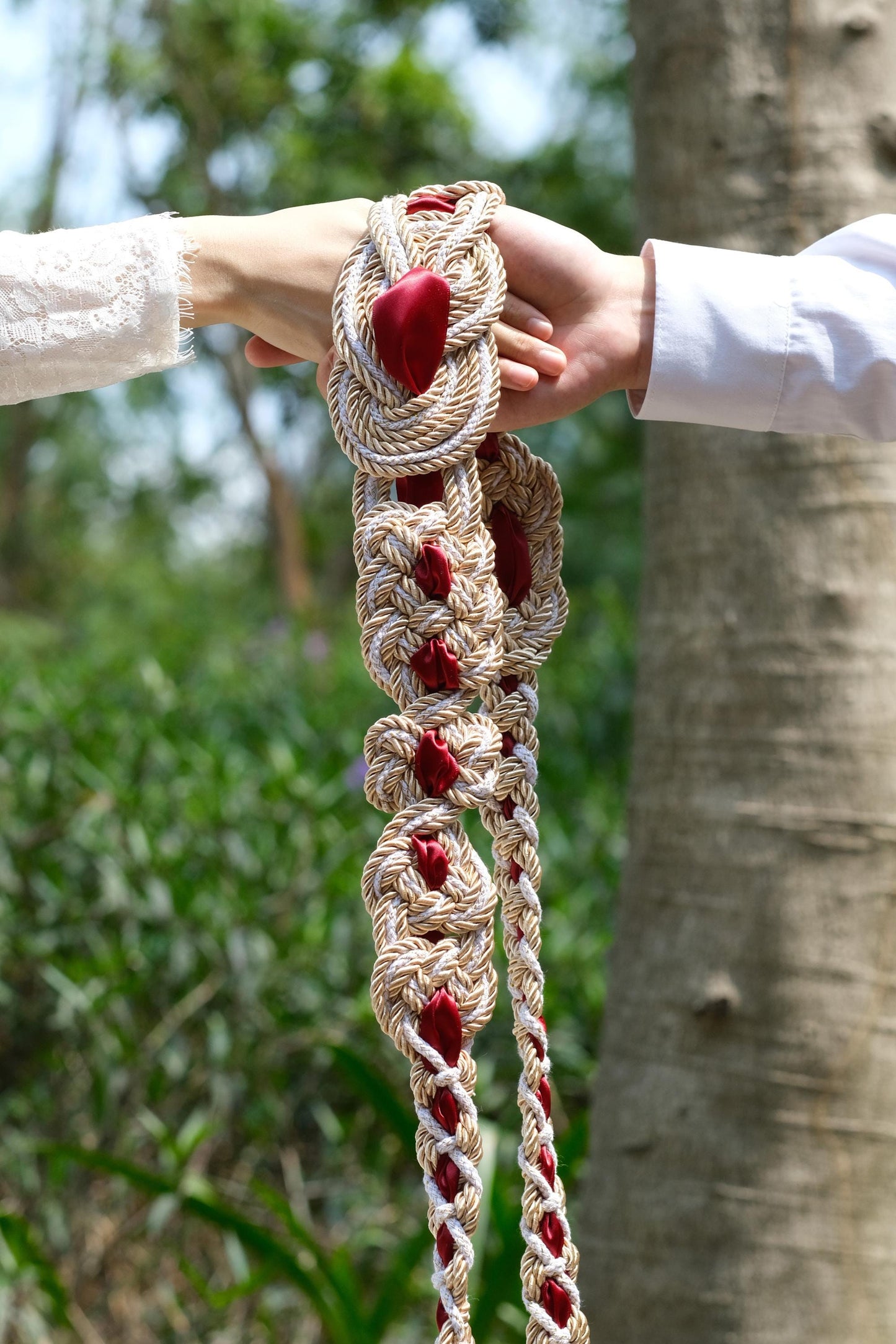 Pre-made Hand Braided Nine Knot Handfasting Cord with Champagne & White with Ruby Red